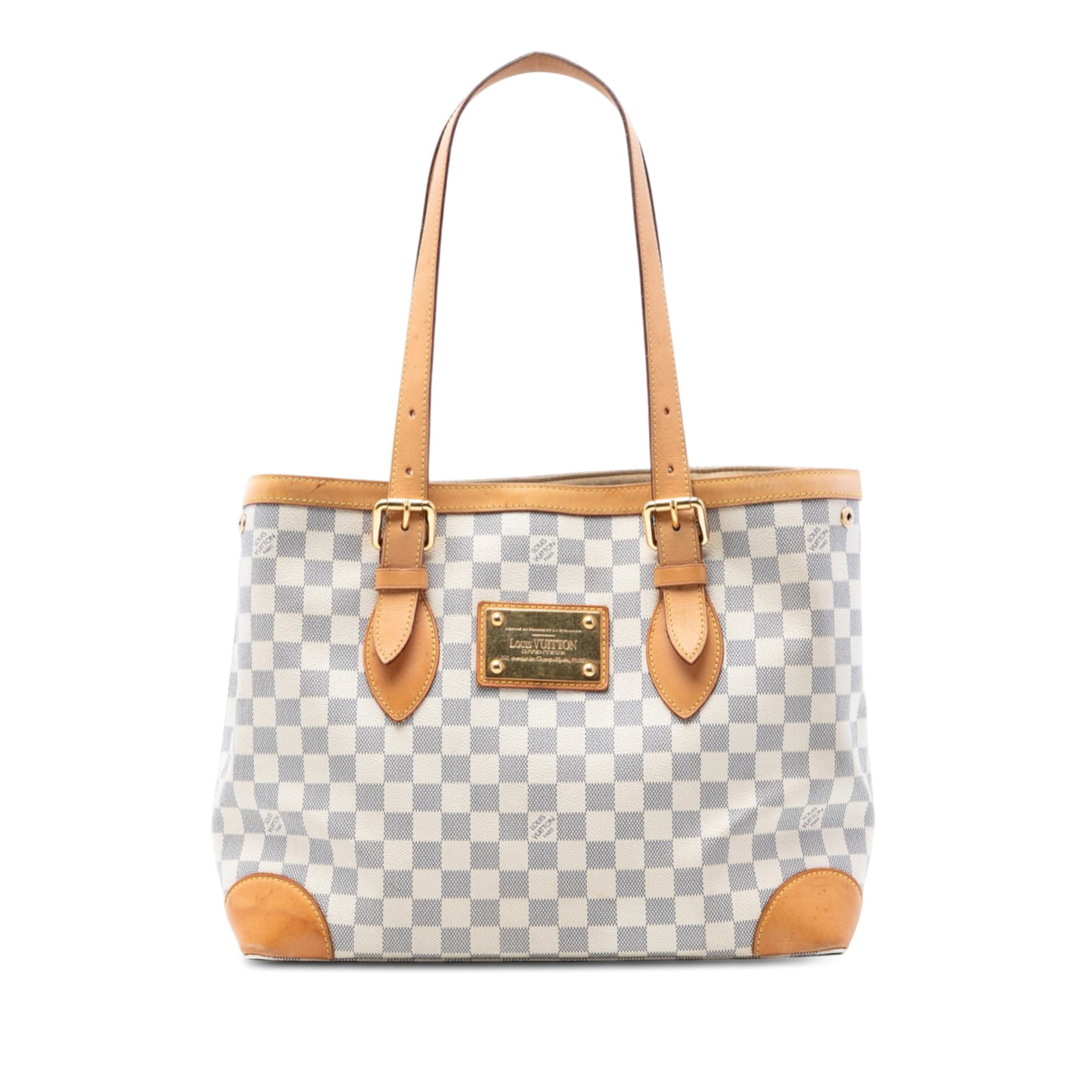 Damier Azur Canvas Hampstead MM Shoulder Bag by Louis Vuitton: Damier Azur Canvas Hampstead MM Shoulder Bag by Louis Vuitton This Louis Vuitton Damier Azur Hampstead MM features a Damier Azur canvas body with vachetta leather trim and flat vachetta leather should