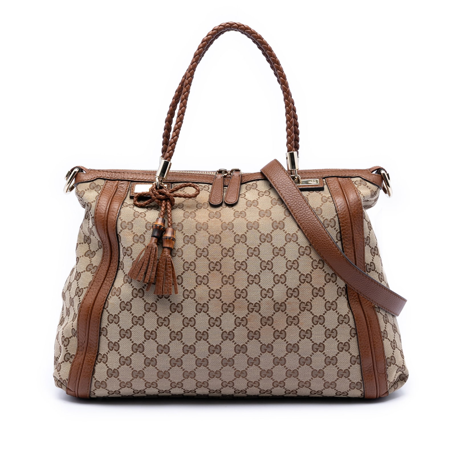 Gucci Bella Satchel GG Canvas Convertible Tote with Leather Trim: Gucci Bella Satchel GG Canvas Convertible Tote with Leather Trim This Gucci GG Canvas Bella Convertible Tote features a beige canvas body with leather trim, braided leather handles, and a detachable