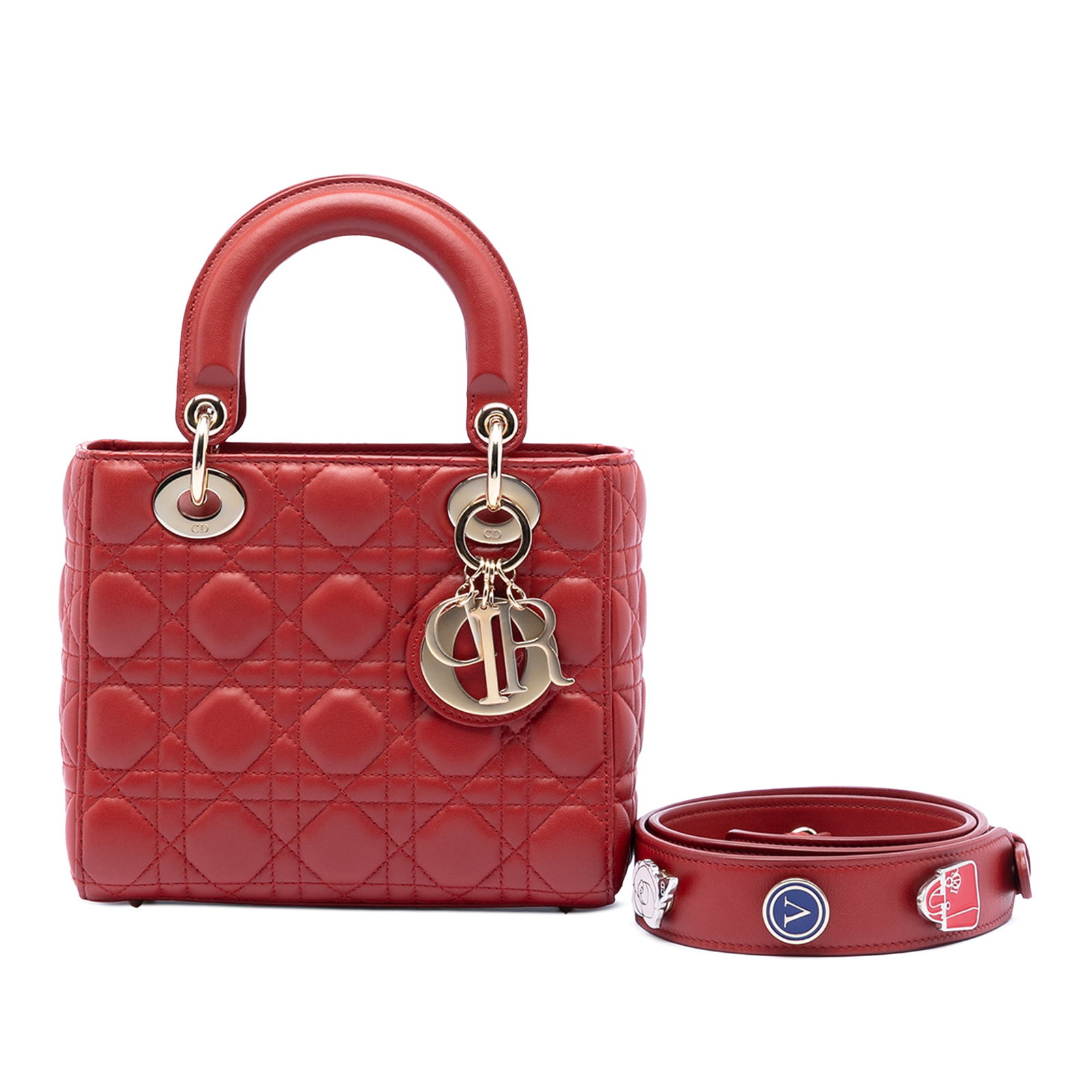 Dior Lady Dior Small Red Lambskin Cannage My ABCDior Handbag with Strap: Dior Lady Dior Small Red Lambskin Cannage My ABCDior Handbag with Strap This Lady Dior handbag features a quilted leather body with Cannage stitching, flat leather handles, a detachable flat leather s