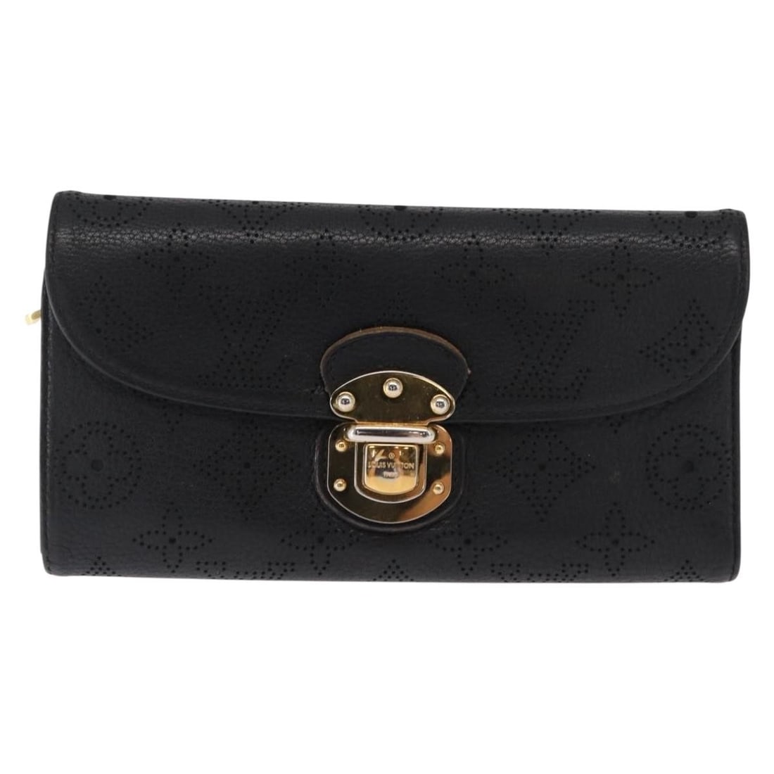 Black Mahina Leather Amelia Wallet by Louis Vuitton for Women: Black Mahina Leather Amelia Wallet by Louis Vuitton for Women This is a Louis Vuitton Amelia Wallet crafted in Mahina leather. The wallet features a black exterior with metal fittings and is designed 