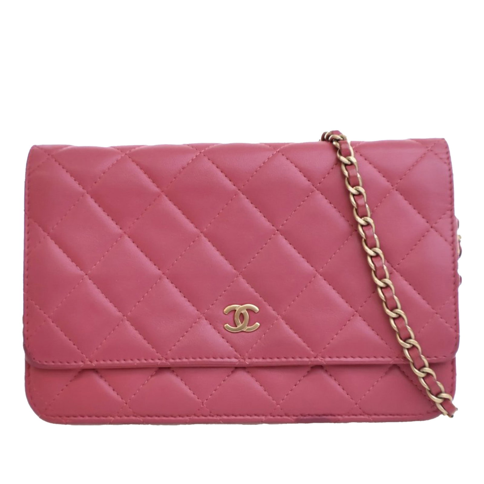 Chanel Pink Quilted Lambskin Wallet on Chain with Woven Strap: Chanel Pink Quilted Lambskin Wallet on Chain with Woven Strap This Chanel Classic Lambskin Wallet on Chain is a stylish accessory crafted from luxurious quilted lambskin leather. It features a leather