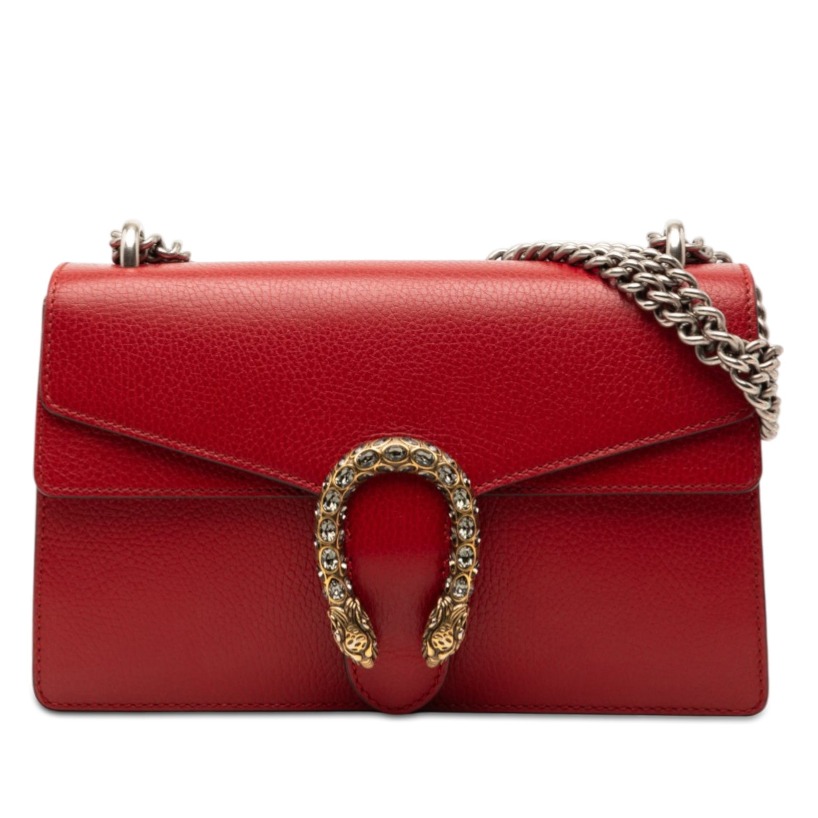 Gucci Dionysus Medium Red Leather Chain Shoulder Bag: Gucci Dionysus Medium Red Leather Chain Shoulder Bag This Gucci Medium Calfskin Dionysus Shoulder Bag features a red leather body, a chain shoulder strap, a front flap with magnetic snap closure, and 