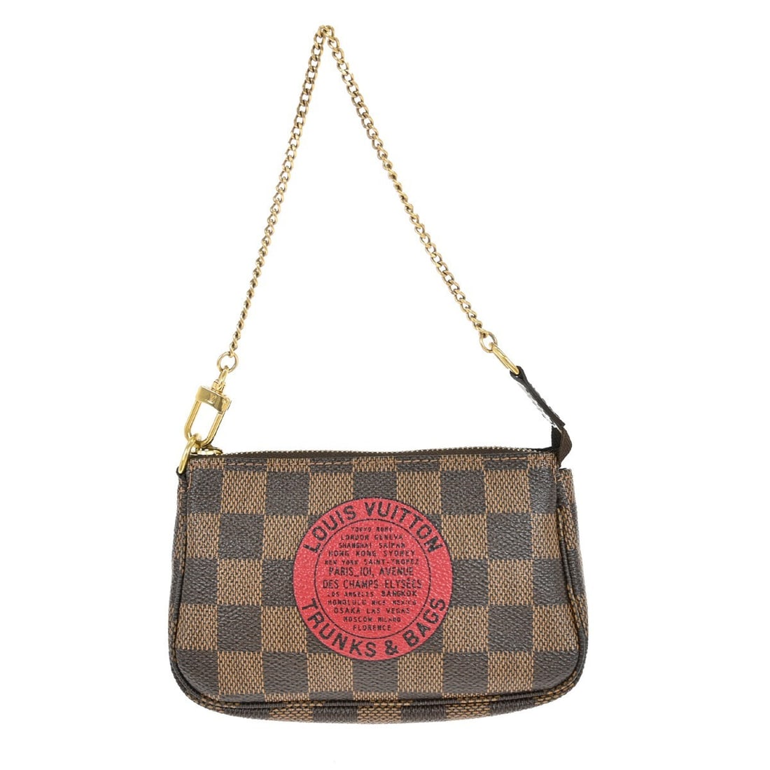 Damier Ebene Mini Pochette Accessoires Brown Canvas Handbag with Chain Strap: Damier Ebene Mini Pochette Accessoires Brown Canvas Handbag with Chain Strap This Louis Vuitton Mini Pochette Accessoires features the iconic Damier canvas leather in brown, accented with the signatur