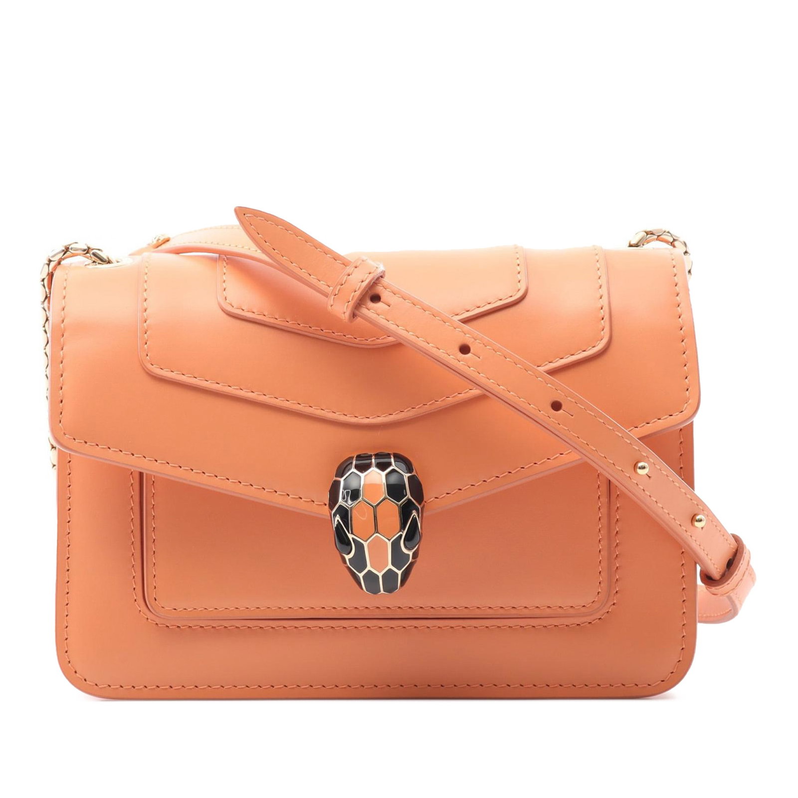 Serpenti Forever Orange Leather Crossbody Bag with Chain Strap: Serpenti Forever Orange Leather Crossbody Bag with Chain Strap This Bvlgari Serpenti Forever crossbody bag features an orange leather body with a distinctive serpenti embellishment on the front flap. 