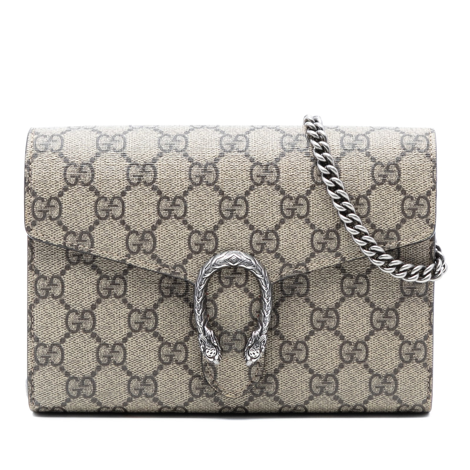 Gucci Dionysus GG Supreme Beige Canvas Chain Wallet: Gucci Dionysus GG Supreme Beige Canvas Chain Wallet The Gucci GG Supreme Dionysus Wallet on Chain features a coated canvas exterior in beige with a silver-tone curb chain strap. It has a front flap wi