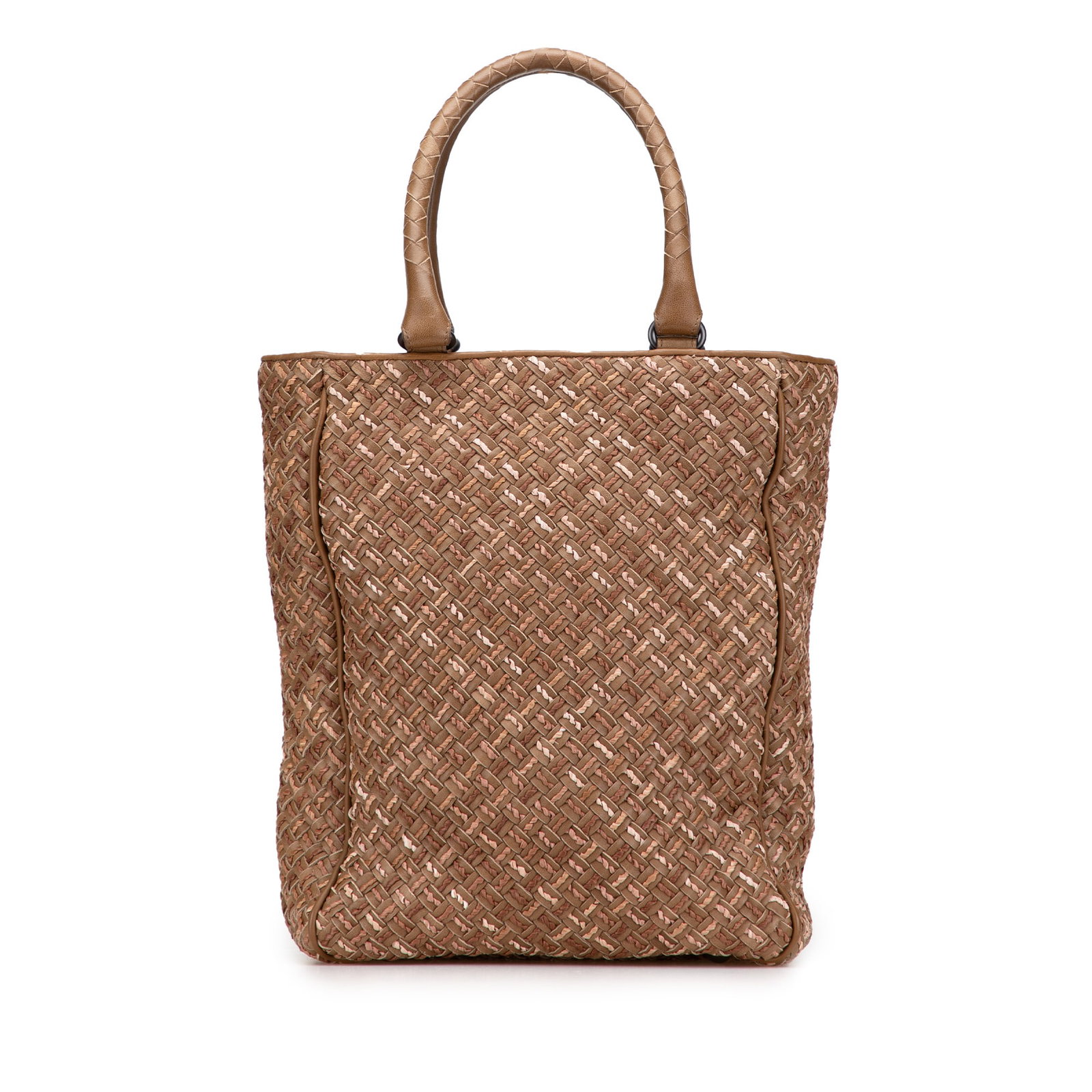 Bottega Veneta Brown Calfskin Intrecciato Paglia Tote Bag: Bottega Veneta Brown Calfskin Intrecciato Paglia Tote Bag This Bottega Veneta tote showcases exquisite craftsmanship with its woven leather body, complemented by rolled handles and an open top for eas