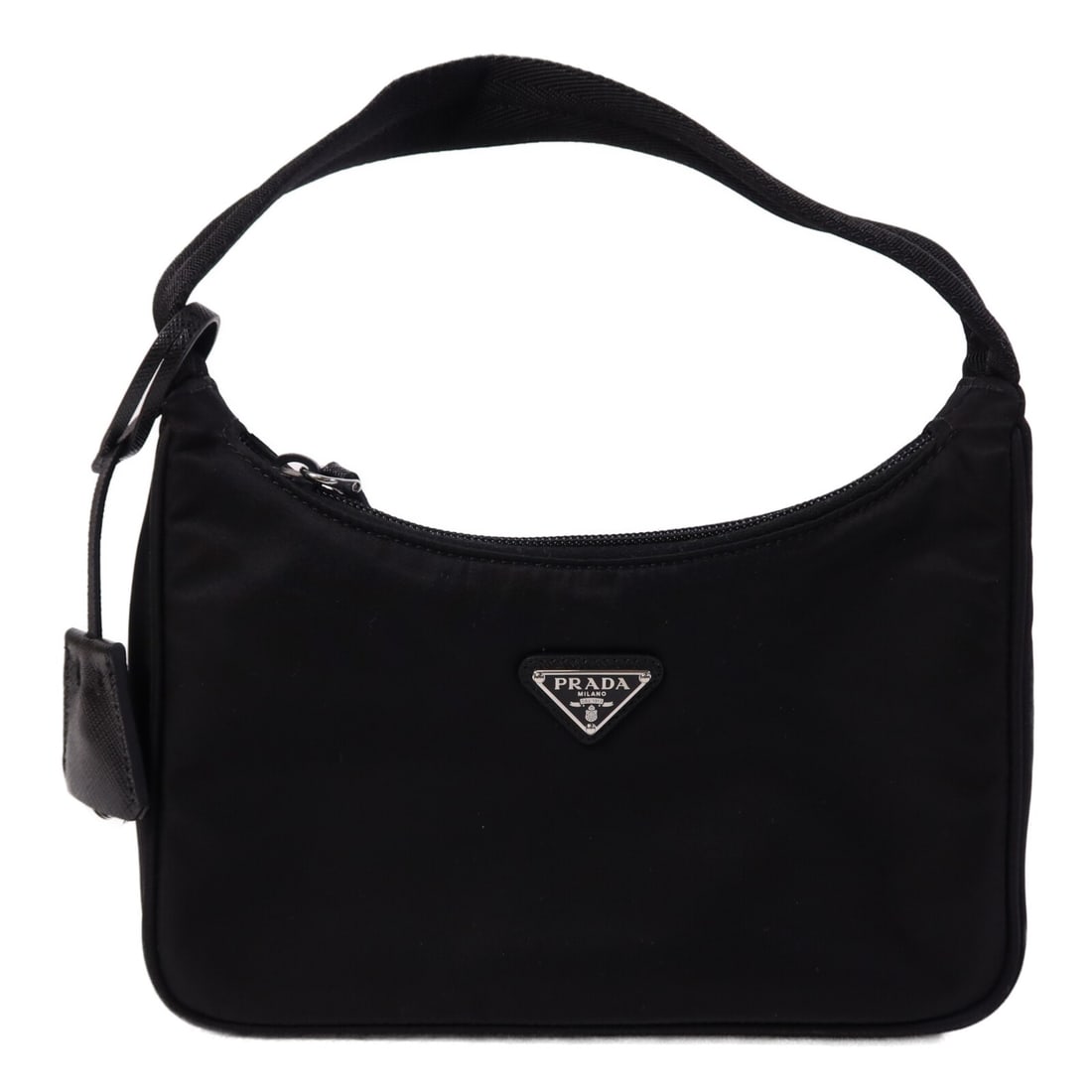 Black Nylon Prada 1NE515 Hobo Shoulder Bag with Silver Hardware: Black Nylon Prada 1NE515 Hobo Shoulder Bag with Silver Hardware This Prada shoulder bag features a sleek black nylon exterior and is designed in a hobo silhouette. Crafted in Italy, it offers a compac