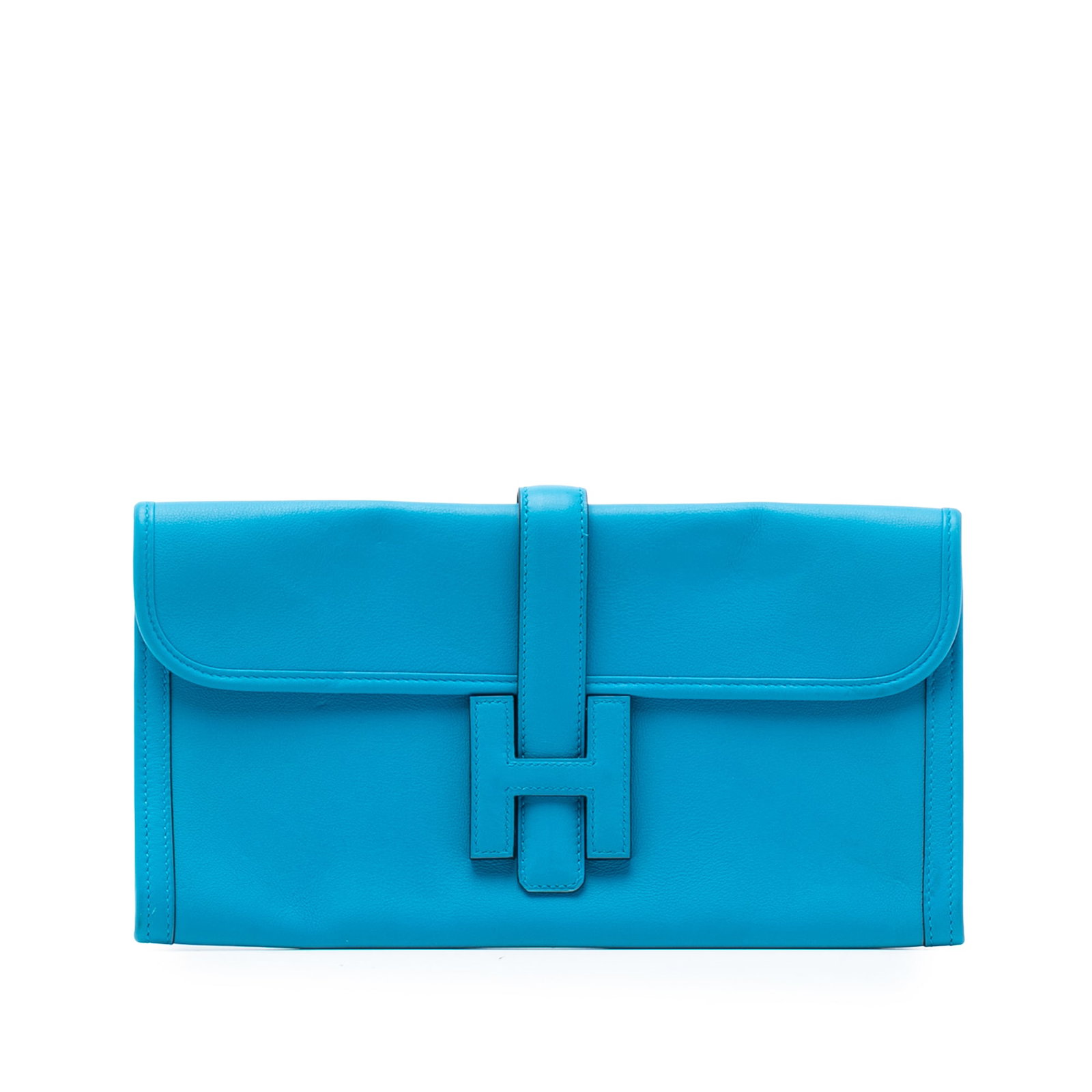 Hermes Jige Elan 29 Swift Leather Clutch in Bleu Zanzibar: Hermes Jige Elan 29 Swift Leather Clutch in Bleu Zanzibar The Hermes Swift Jige Elan 29 is crafted from smooth Swift leather in a striking Bleu Zanzibar color. It features a front flap with a pull-thr