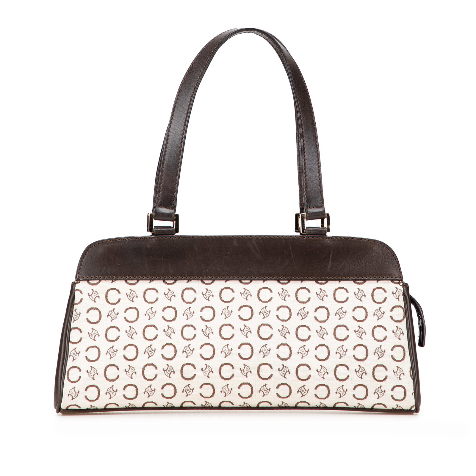 Celine C Macadam Canvas Handbag Brown Italy Fabric: Celine C Macadam Canvas Handbag Brown Italy Fabric The Celine C Macadam Canvas Handbag is a stylish accessory crafted from durable canvas with elegant leather trim. This versatile bag features flat le