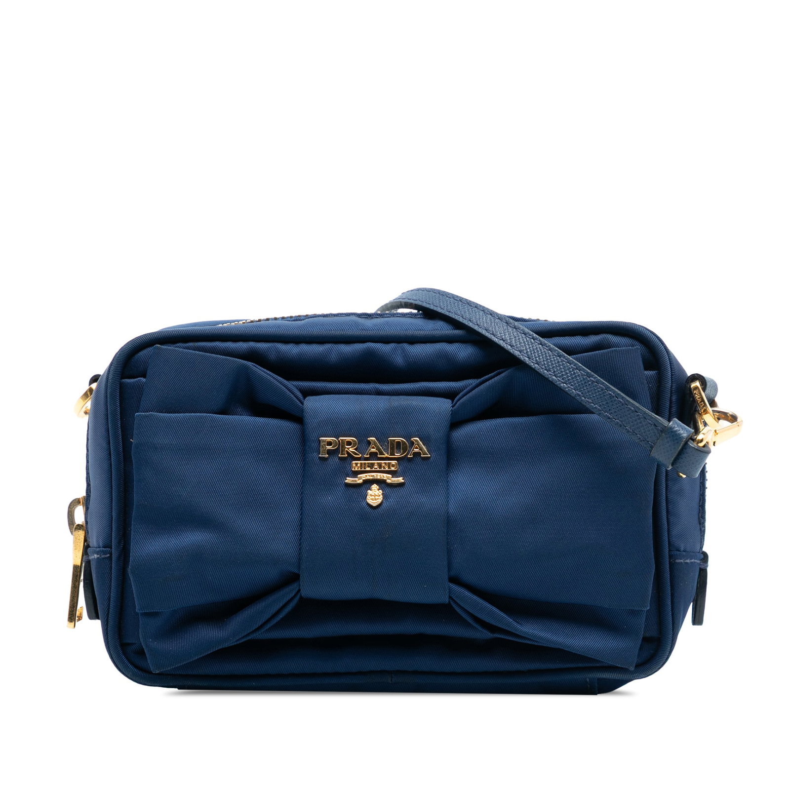 Blue Tessuto Fiocco Crossbody by Prada with Bow Detail: Blue Tessuto Fiocco Crossbody by Prada with Bow Detail This Prada Tessuto Fiocco Camera Bag is crafted from blue nylon with an elegant bow detail and features a detachable and adjustable flat leather 