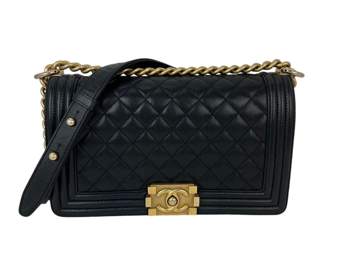 Chanel Boy Medium Quilted Caviar Leather Black Flap Shoulder Bag: Chanel Boy Medium Quilted Caviar Leather Black Flap Shoulder Bag This Chanel Caviar Quilted Medium Black Boy Flap Shoulder Bag features a rectangular silhouette with a signature quilted finish and arg