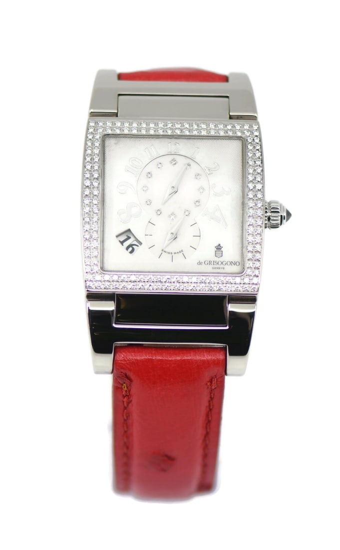 De Grisogono Diamond Bezel 18K White Gold Watch UNO/DF: De Grisogono Diamond Bezel 18K White Gold Watch UNO/DF This exquisite De Grisogono wristwatch showcases a luxurious design with an 18K white gold case adorned with a stunning diamond bezel. Featuring 