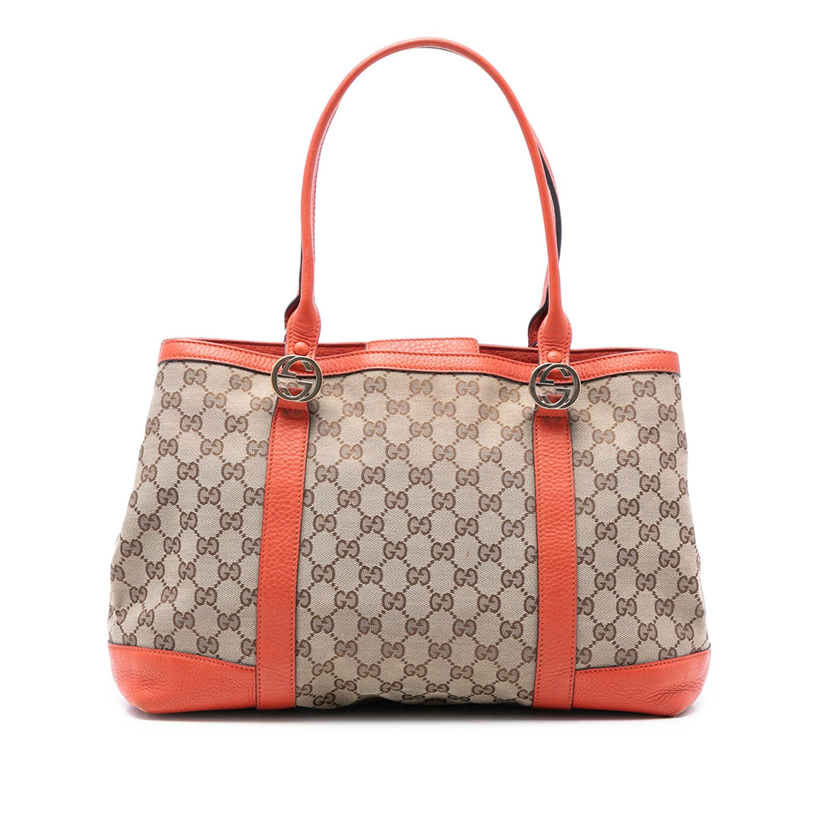 Miss GG Tote Bag by Gucci in Beige Canvas with Leather Accents: Miss GG Tote Bag by Gucci in Beige Canvas with Leather Accents This Gucci GG Canvas Miss GG Tote features a canvas exterior with leather trim, rolled leather handles, and an open top with a magnetic s