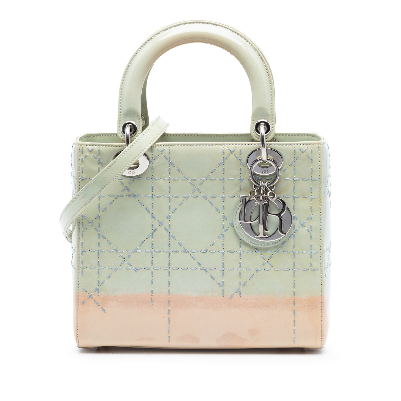 Dior Lady Dior Medium Green Ombre Patent Leather Cannage Shoulder Bag: Dior Lady Dior Medium Green Ombre Patent Leather Cannage Shoulder Bag This Lady Dior handbag features a quilted patent leather body with an ombre effect, flat leather top handles, a detachable flat le