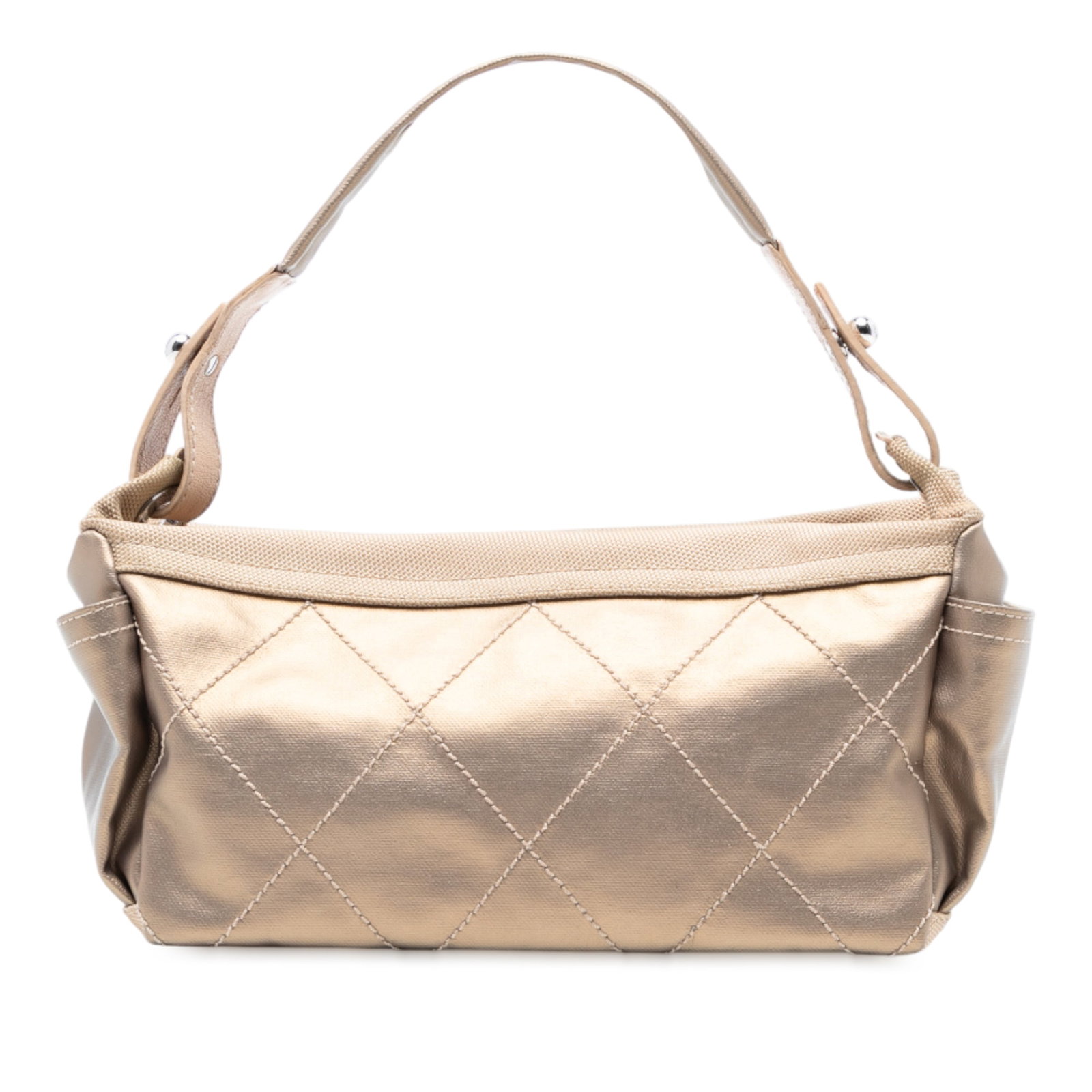 Chanel Paris Biarritz Gold Quilted Canvas Handbag: Chanel Paris Biarritz Gold Quilted Canvas Handbag The Chanel Paris Biarritz Quilted Coated Canvas Handbag combines style and functionality with its quilted coated canvas body. This luxurious handbag f
