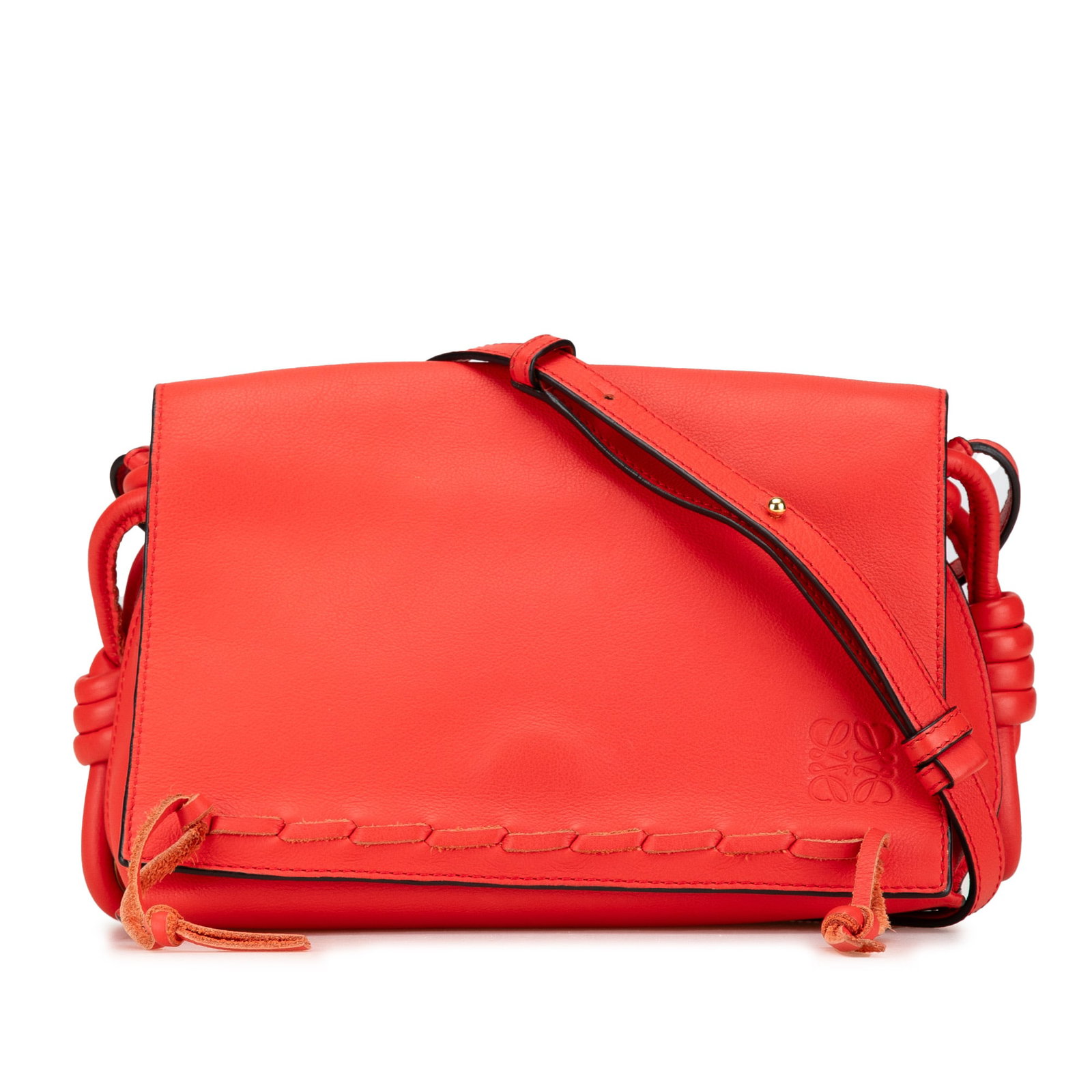 LOEWE Red Leather Flamenco Knot Whipstitch Crossbody Bag: LOEWE Red Leather Flamenco Knot Whipstitch Crossbody Bag This LOEWE Leather Flamenco Knot Whipstitch Crossbody bag is an elegant accessory crafted from high-quality leather, featuring a vibrant red co