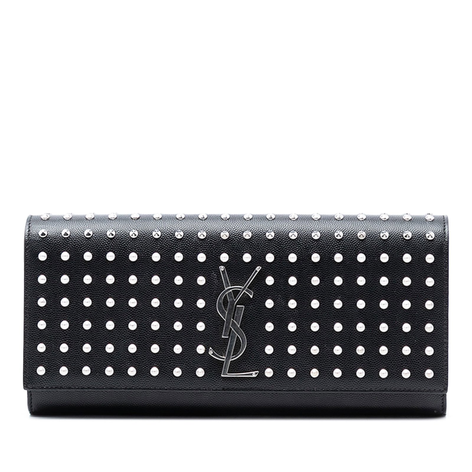 Saint Laurent Black Studded Leather Monogram Grain De Poudre Clutch Bag: Saint Laurent Black Studded Leather Monogram Grain De Poudre Clutch Bag This Saint Laurent Grain De Poudre Classic Monogram Studded Clutch features a studded black leather exterior with a front flap a