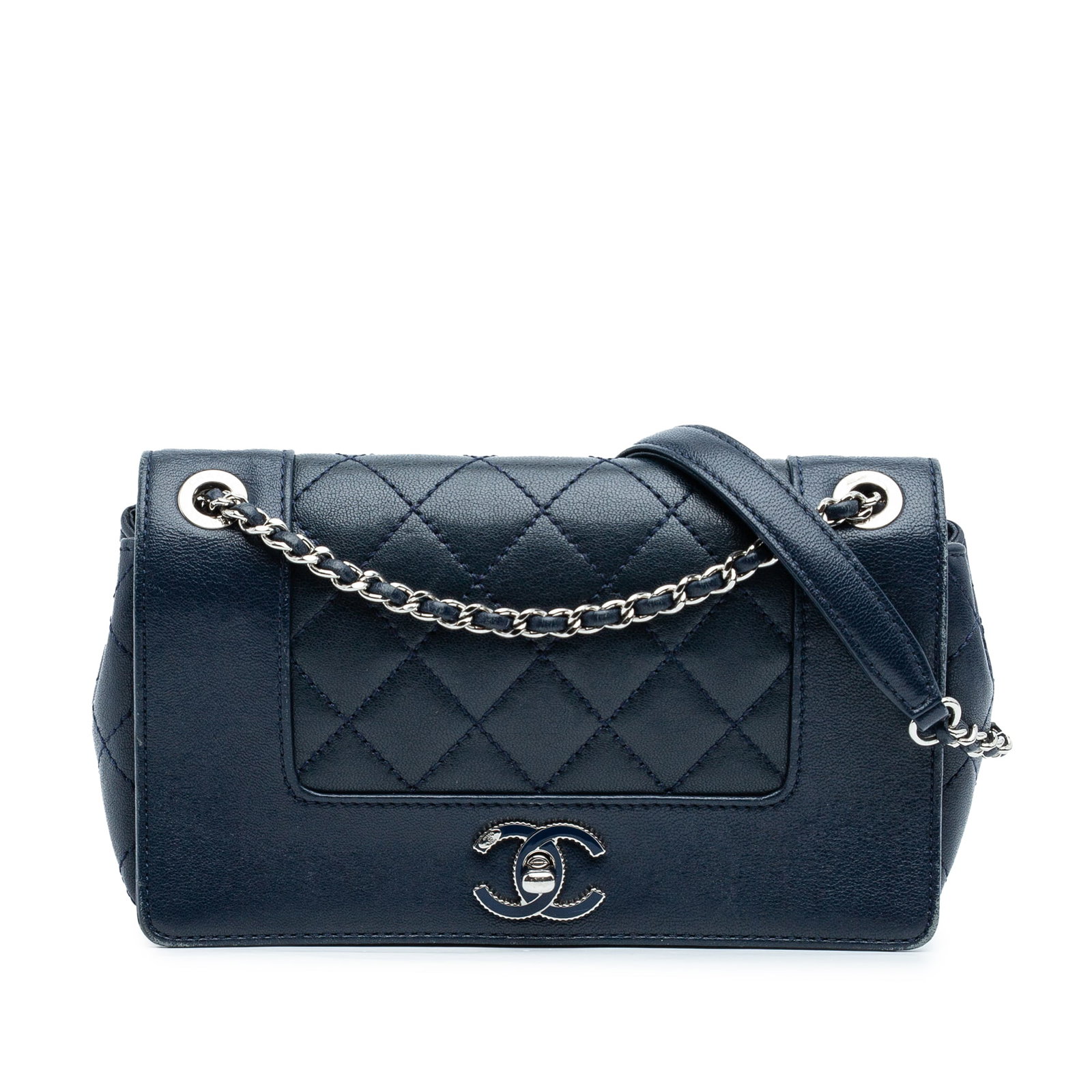 Chanel Mademoiselle Small Blue Sheepskin Vintage Quilted Shoulder Bag: Chanel Mademoiselle Small Blue Sheepskin Vintage Quilted Shoulder Bag This Chanel Small Quilted Sheepskin Mademoiselle Vintage Flap bag features a blue quilted sheepskin leather exterior, a leather-wo