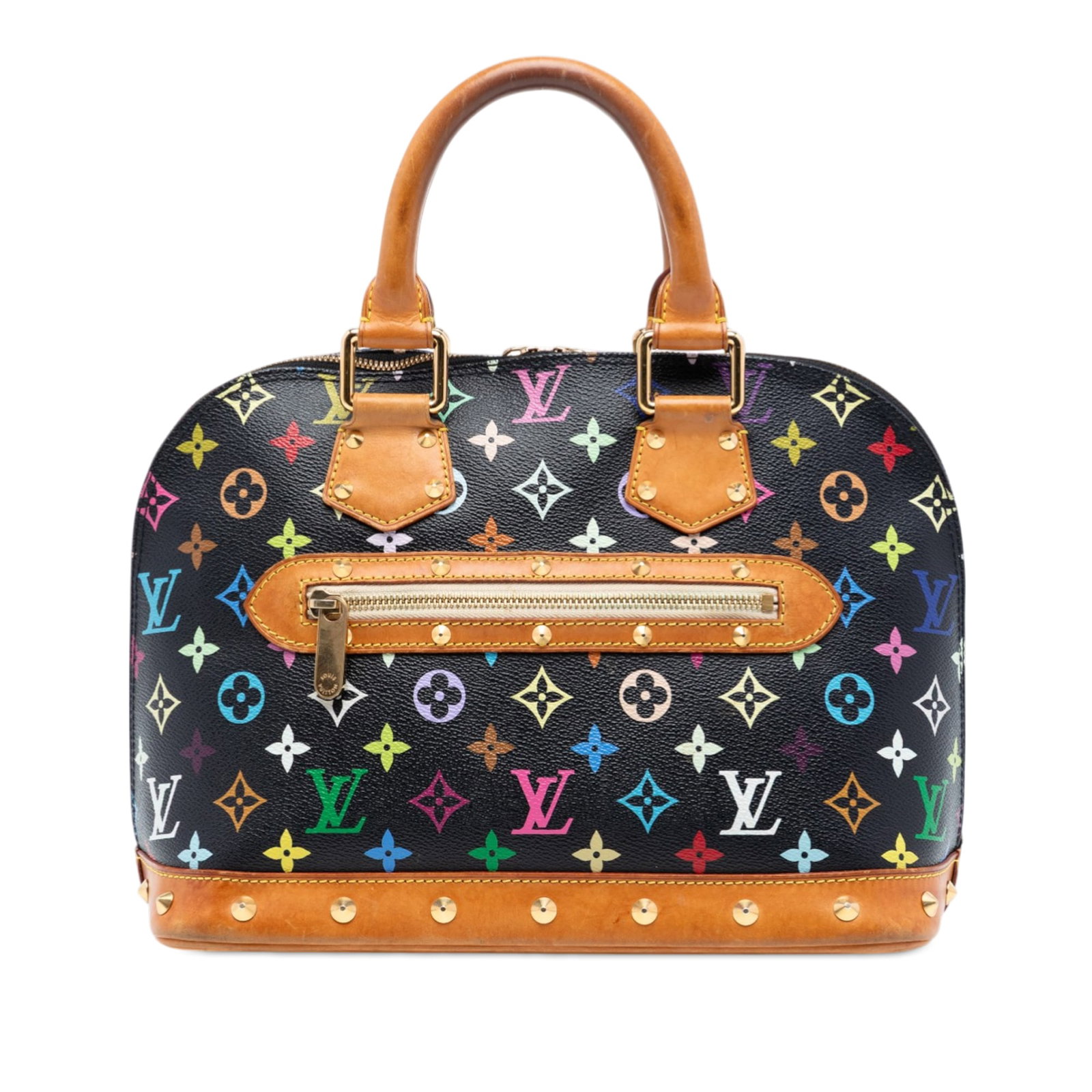 Louis Vuitton Alma PM Black Multicolore Canvas Handbag with Vachetta Trim: Louis Vuitton Alma PM Black Multicolore Canvas Handbag with Vachetta Trim The Louis Vuitton Monogram Multicolore Alma PM features a multicolore monogram canvas body with studded vachetta leather trim 