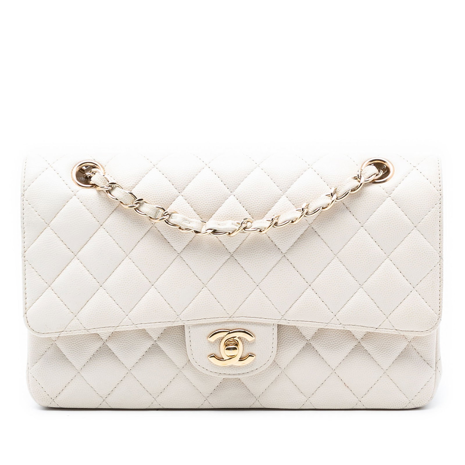 White Chanel Medium Double Flap Caviar Leather Shoulder Bag: White Chanel Medium Double Flap Caviar Leather Shoulder Bag This Chanel Medium Classic Caviar Double Flap shoulder bag features a quilted caviar leather body in white, leather-woven chain straps, doub