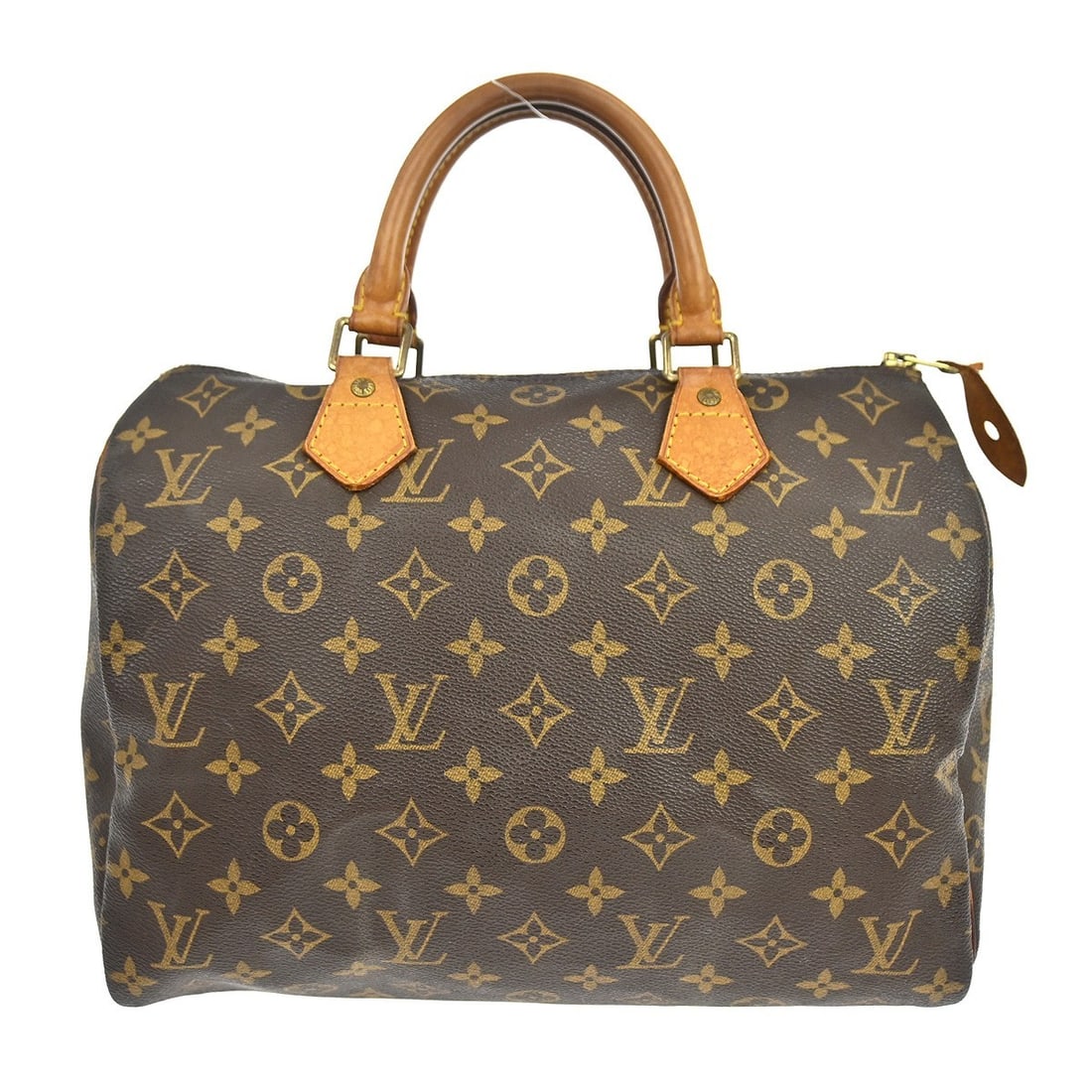 Louis Vuitton Speedy 30 Monogram Canvas Satchel with Double Leather Handles: Louis Vuitton Speedy 30 Monogram Canvas Satchel with Double Leather Handles This Louis Vuitton Speedy 30 handbag features the iconic monogram canvas exterior with beige double leather handles. Designe