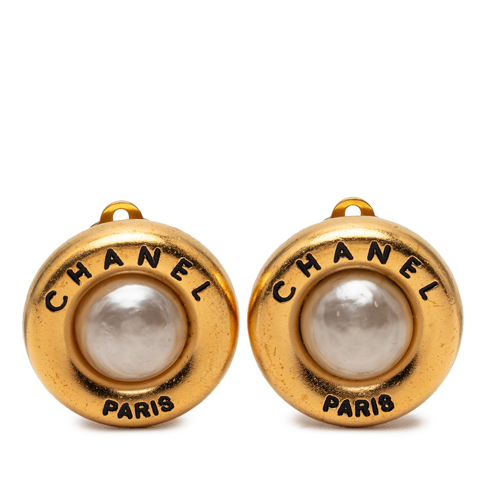 Chanel Clip On Earrings with Gold Plated Metal and Faux Pearl Accents: Chanel Clip On Earrings with Gold Plated Metal and Faux Pearl Accents These Chanel clip-on earrings feature gold-plated metal bodies adorned with faux pearl embellishments and the iconic logo design. 