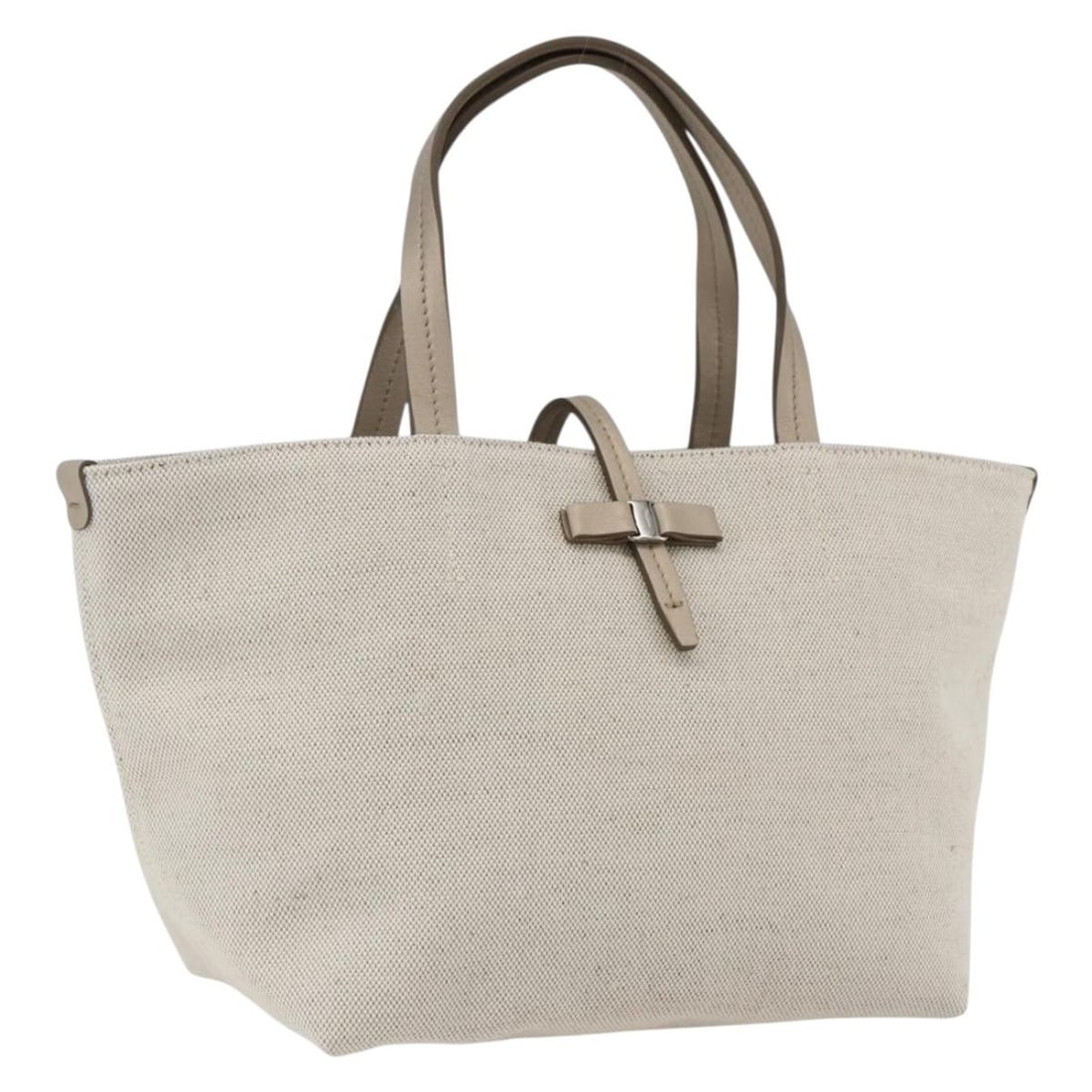 Beige Canvas Ferragamo Handbag Gold Accents Made in Italy: Beige Canvas Ferragamo Handbag Gold Accents Made in Italy This Salvatore Ferragamo handbag features a beige canvas exterior with gold accents. Designed for women, it offers a structured silhouette wit