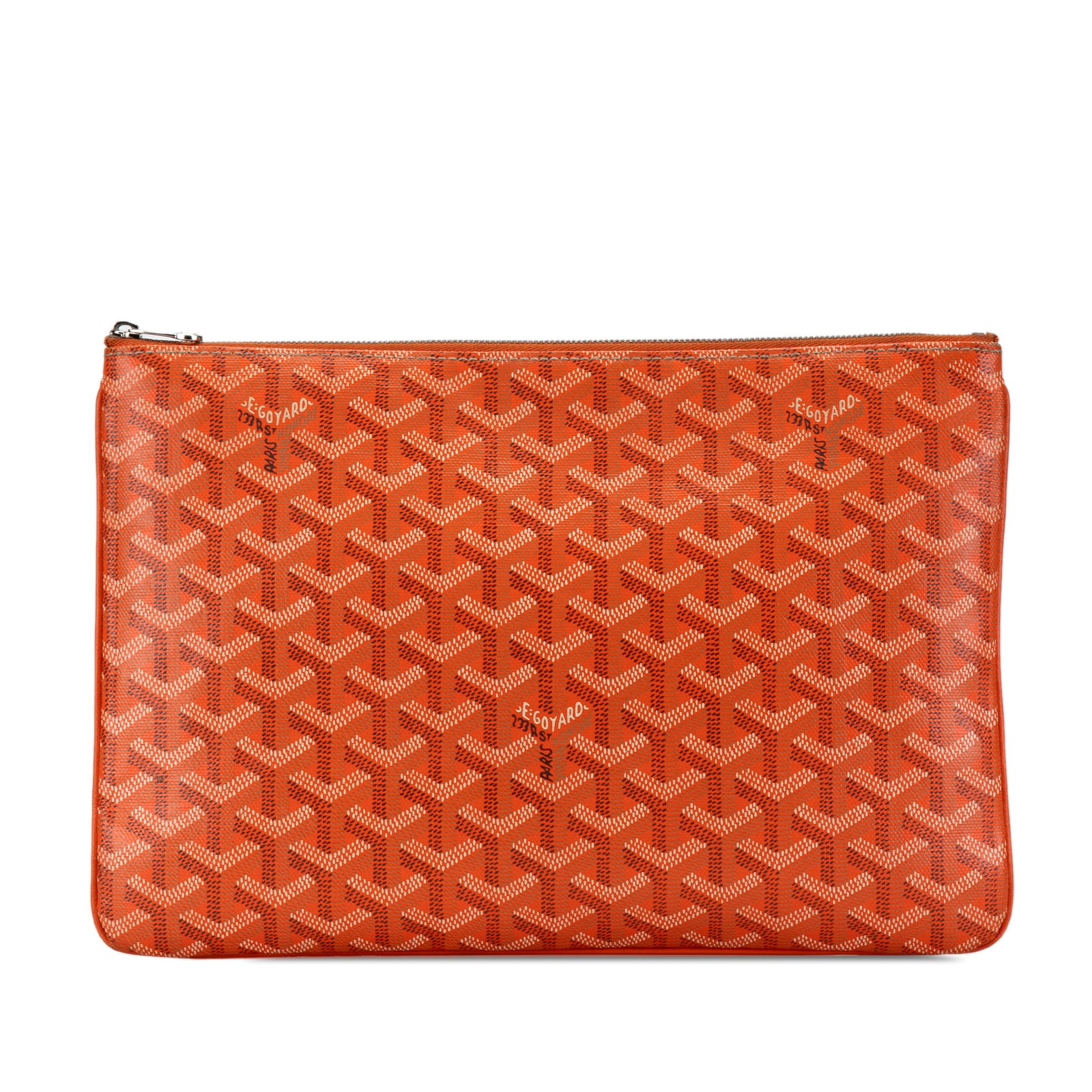 Goyard Goyardine Senat MM Orange Coated Canvas Zip Pouch with Leather Trim: Goyard Goyardine Senat MM Orange Coated Canvas Zip Pouch with Leather Trim This Goyardine Senat MM features a coated canvas body with leather trim, a top zip closure, and an interior slip pocket. The 