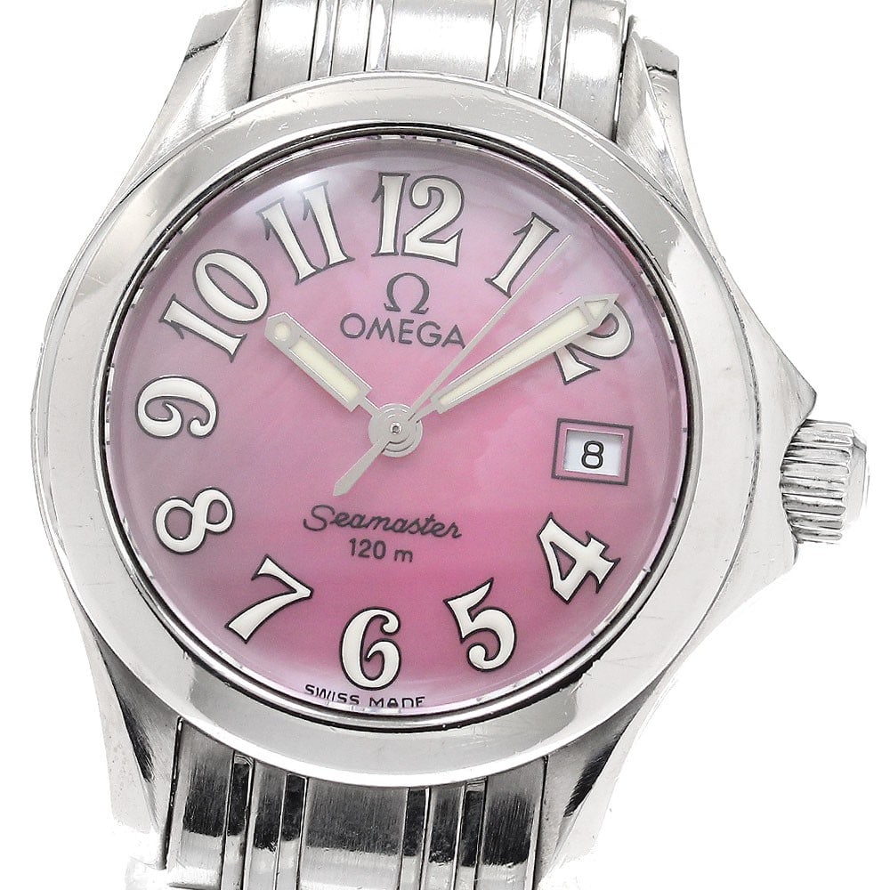 Omega Seamaster 120M Quartz Ladies Date Watch 2581.66: Omega Seamaster 120M Quartz Ladies Date Watch 2581.66 This pre-owned OMEGA Seamaster 120M Date Quartz ladies watch features a stainless steel case and bracelet with a pink shell dial. The watch is pow