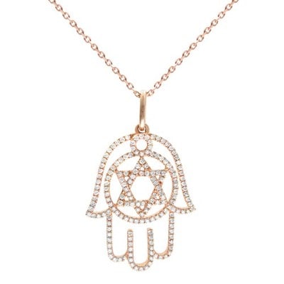 Rachel Koen Hamsa Star of David Diamond Pendant Necklace 18K Rose Gold: Rachel Koen Hamsa Star of David Diamond Pendant Necklace 18K Rose Gold This elegant ladies pendant necklace features a unified design of the Star of David and Hamsa symbols, set with 0.47 carats total
