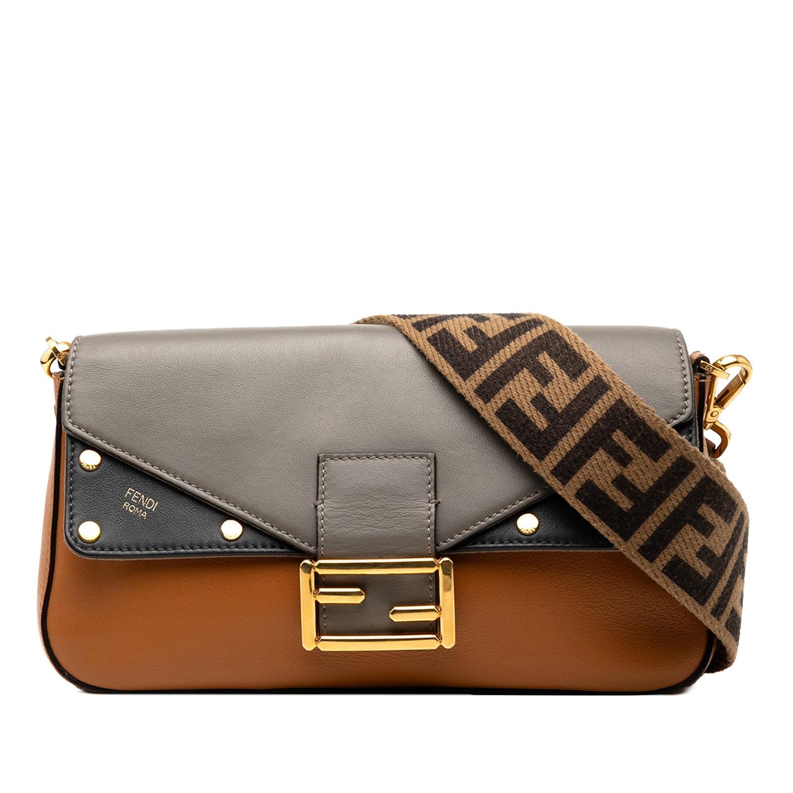 Fendi Vitello Grace FF 1974 Leather Baguette Crossbody Bag: Fendi Vitello Grace FF 1974 Leather Baguette Crossbody Bag This Fendi Vitello Grace FF 1974 Baguette Crossbody features a brown leather body with a front flap secured by a magnetic snap closure and a 