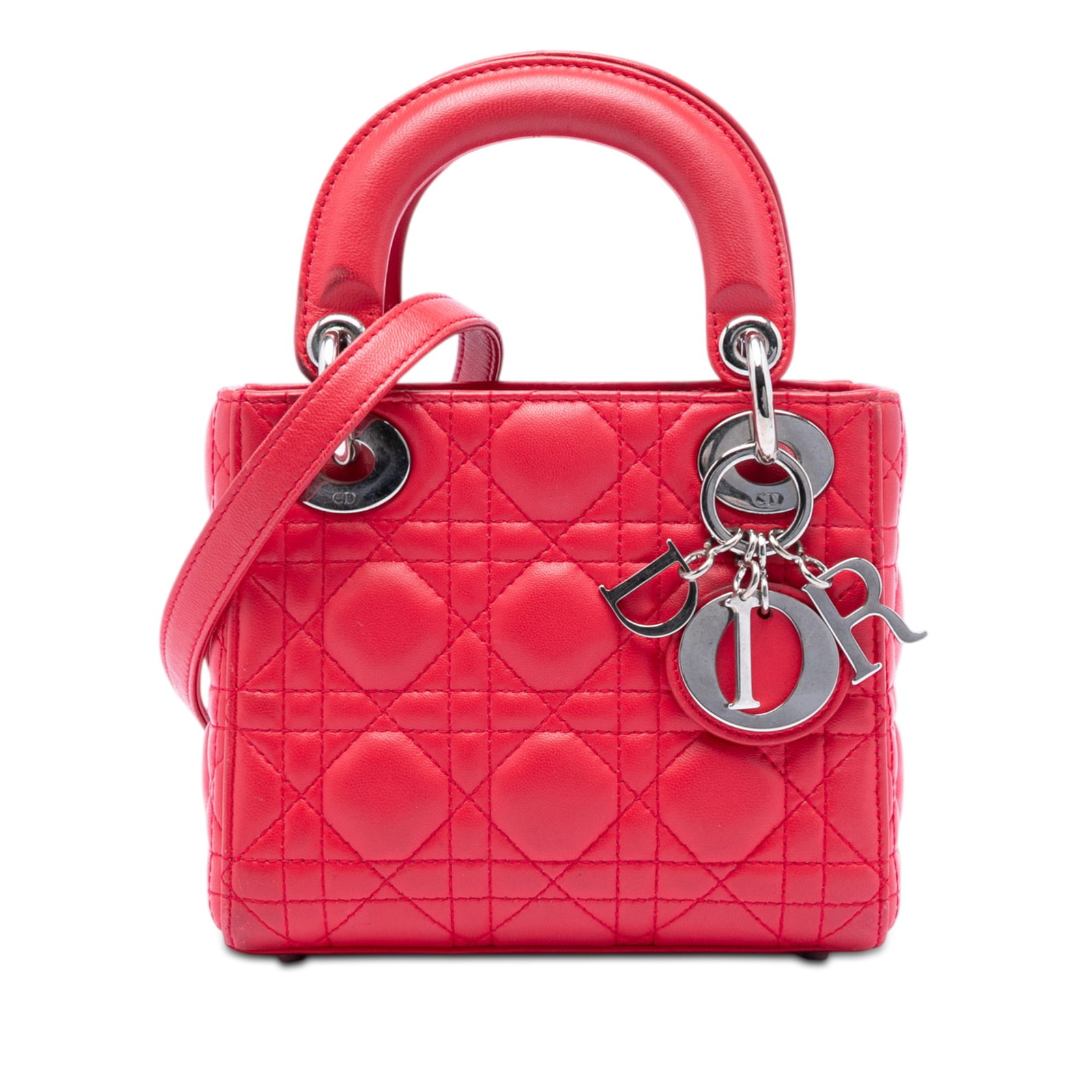 Dior Lady Dior Mini Bag Red Quilted Lambskin with Detachable Strap: Dior Lady Dior Mini Bag Red Quilted Lambskin with Detachable Strap This Mini Lady Dior handbag features a quilted lambskin leather body in red, flat leather top handles, and a detachable flat leather 