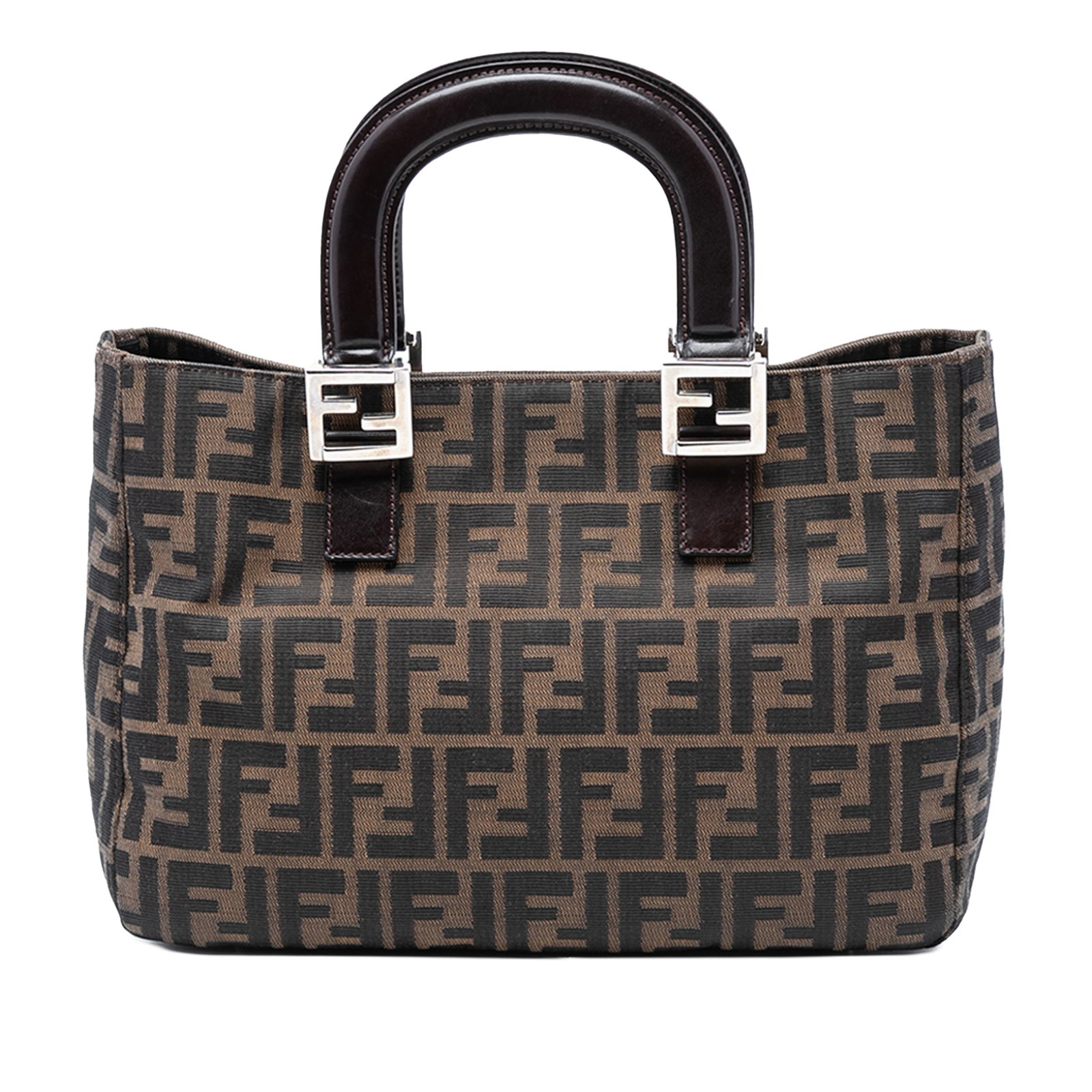 Fendi Zucca Tote Brown Canvas Bag with Leather Handles: Fendi Zucca Tote Brown Canvas Bag with Leather Handles This Fendi Zucca Canvas Handbag features a brown canvas body with flat leather handles and an open top secured by a magnetic snap button closure.