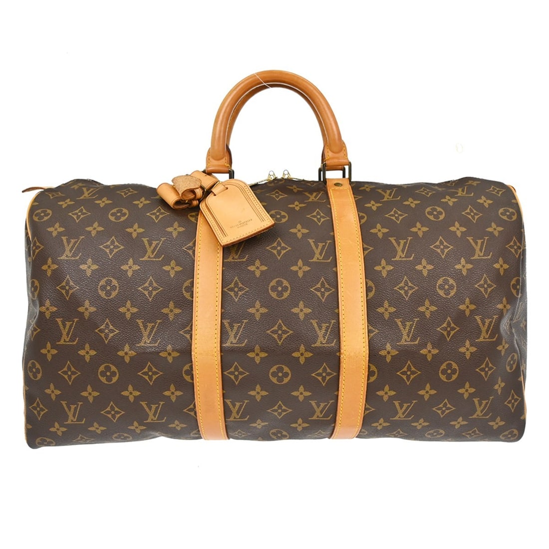 Keepall Monogram Canvas Travel Bag by Louis Vuitton: Keepall Monogram Canvas Travel Bag by Louis Vuitton This Louis Vuitton Keepall Bag features the iconic Monogram canvas in brown, designed for unisex use. The bag shows scuffs, scratches, cracks, sunta