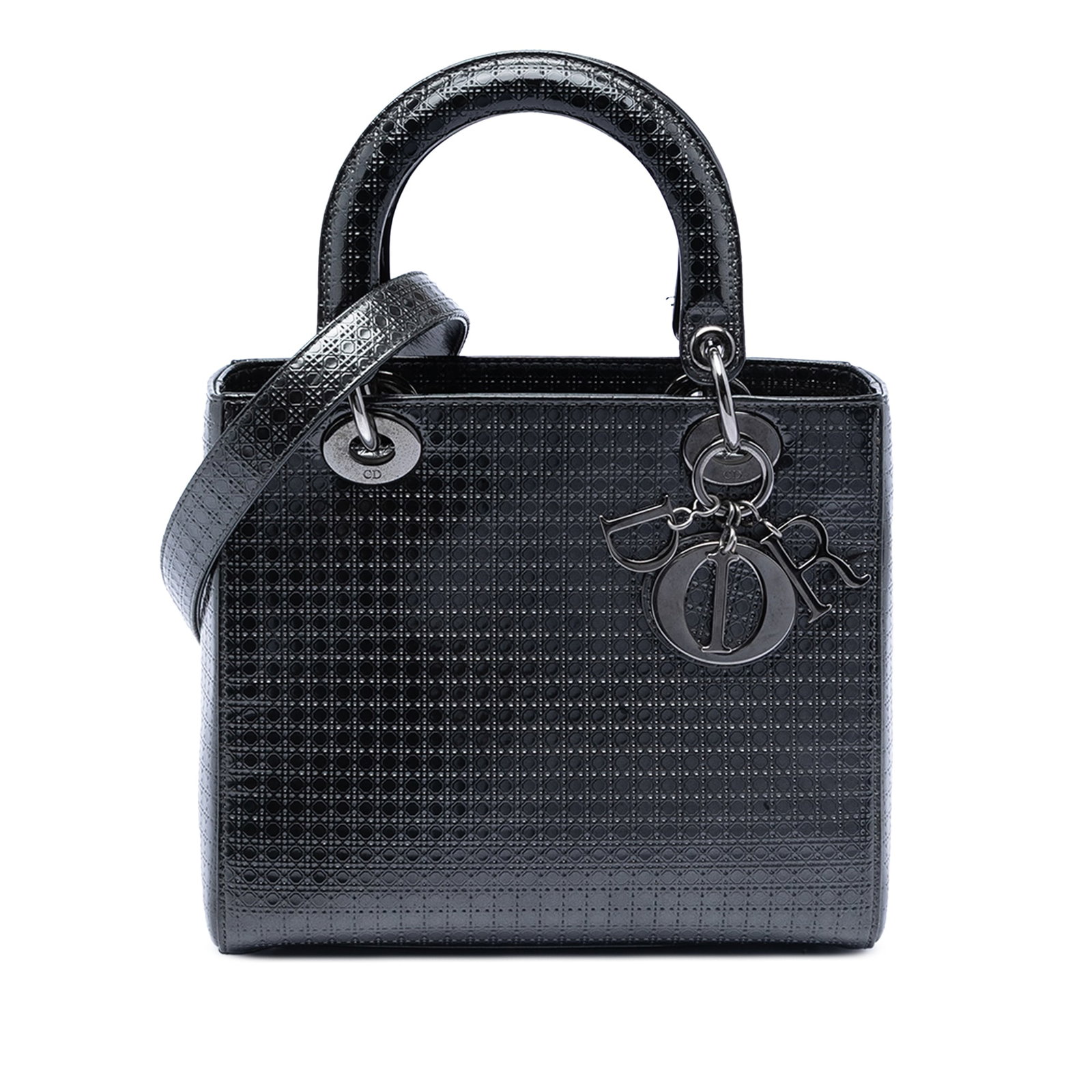 Dior Lady Dior Medium Black Metallic Patent Microcannage Leather Bag: Dior Lady Dior Medium Black Metallic Patent Microcannage Leather Bag This Medium Metallic Patent Microcannage Lady Dior bag features a metallic quilted leather exterior with flat leather top handles a