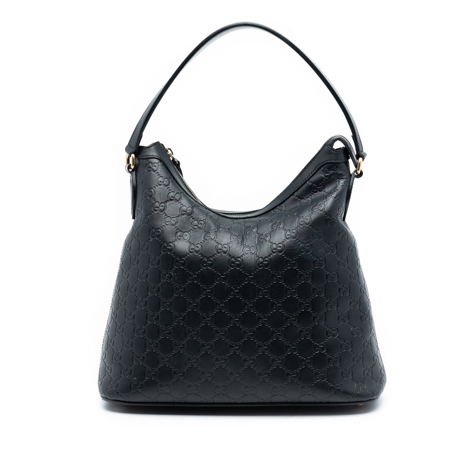 Gucci Guccissima Linea A Embossed Black Leather Satchel Handbag Italy: Gucci Guccissima Linea A Embossed Black Leather Satchel Handbag Italy This Guccissima Linea A Satchel features an embossed black leather body with a flat leather top handle, a top zip closure, and int