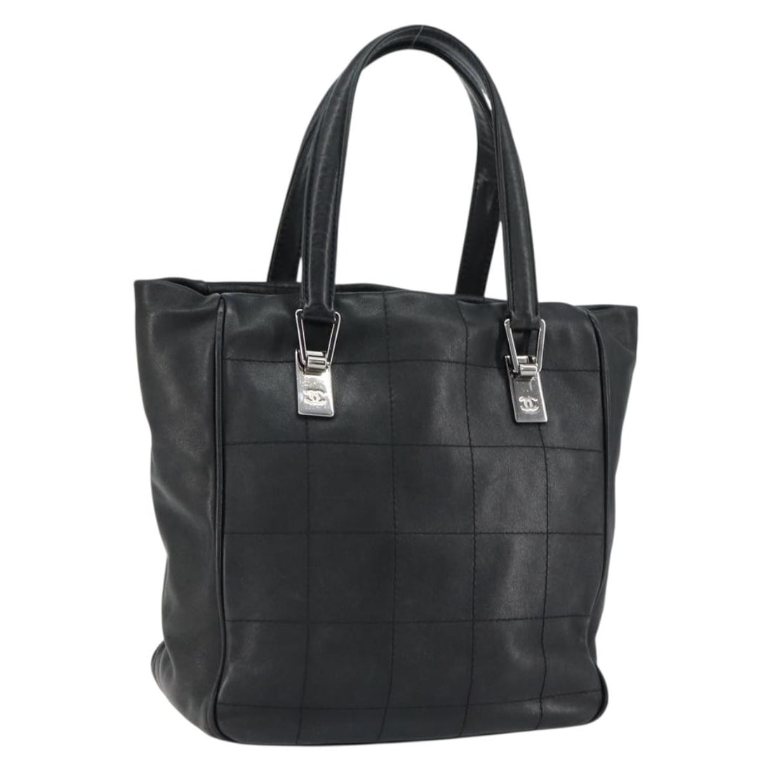 Chanel Black Square Stitch Quilted Leather Tote Handbag 23cm: Chanel Black Square Stitch Quilted Leather Tote Handbag 23cm This Chanel Square Stitch Tote features a quilted leather design in black, crafted for women. The bag shows signs of use, including surface