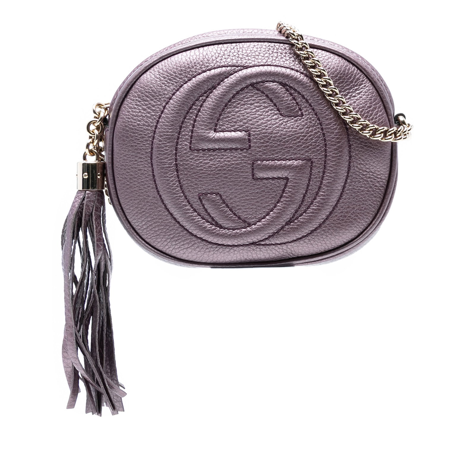 Gucci Mini Metallic Purple Soho Chain Crossbody Bag: Gucci Mini Metallic Purple Soho Chain Crossbody Bag This elegant Gucci Mini Metallic Pebbled Calfskin Soho Chain Crossbody bag showcases a stunning metallic leather body in a rich purple hue. The desi