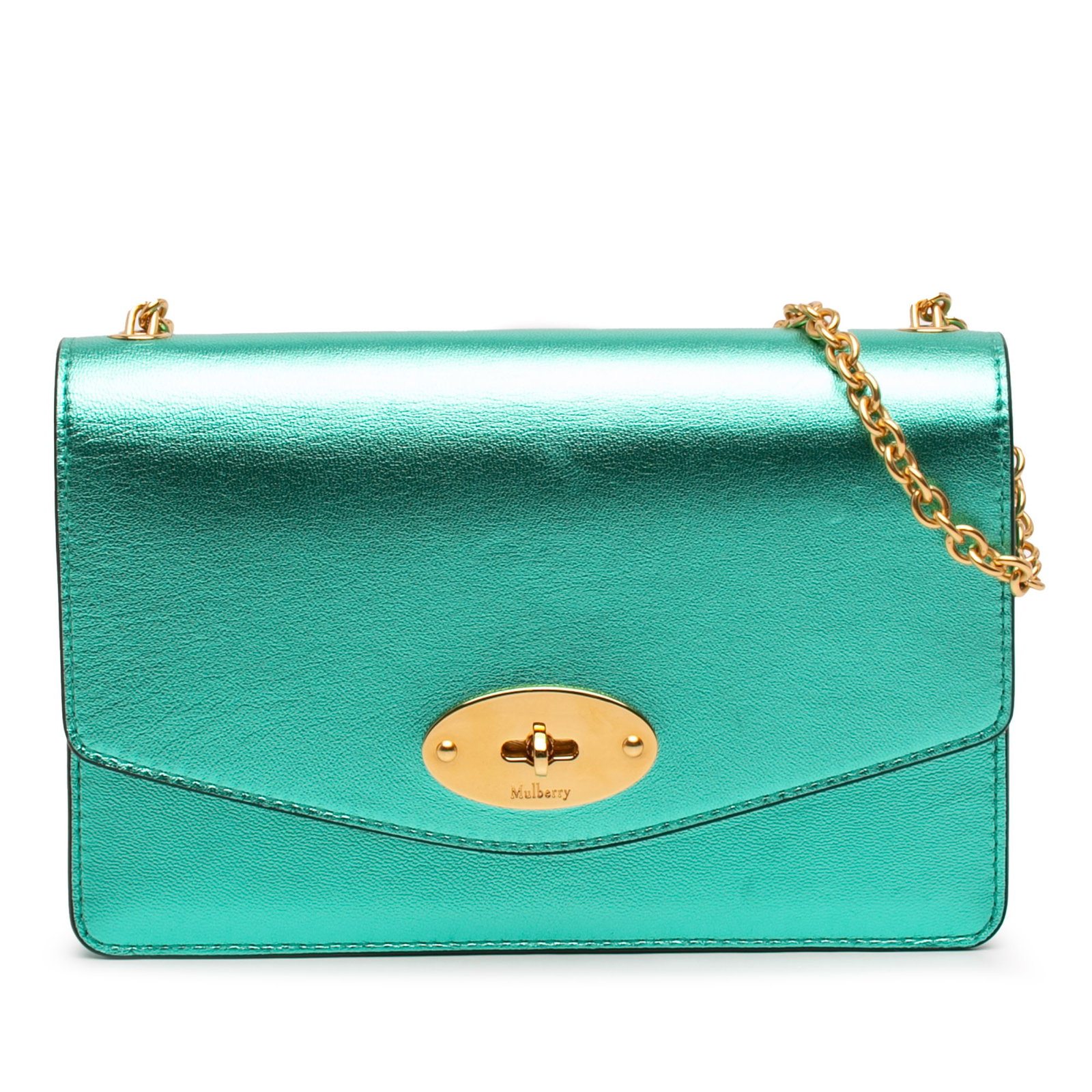 Mulberry Darley Small Blue Crossbody Bag with Gold Chain Strap: Mulberry Darley Small Blue Crossbody Bag with Gold Chain Strap This Mulberry Small Metallic Grained Calfskin Darley Crossbody features a blue leather body with a metallic grain finish. It is designed 