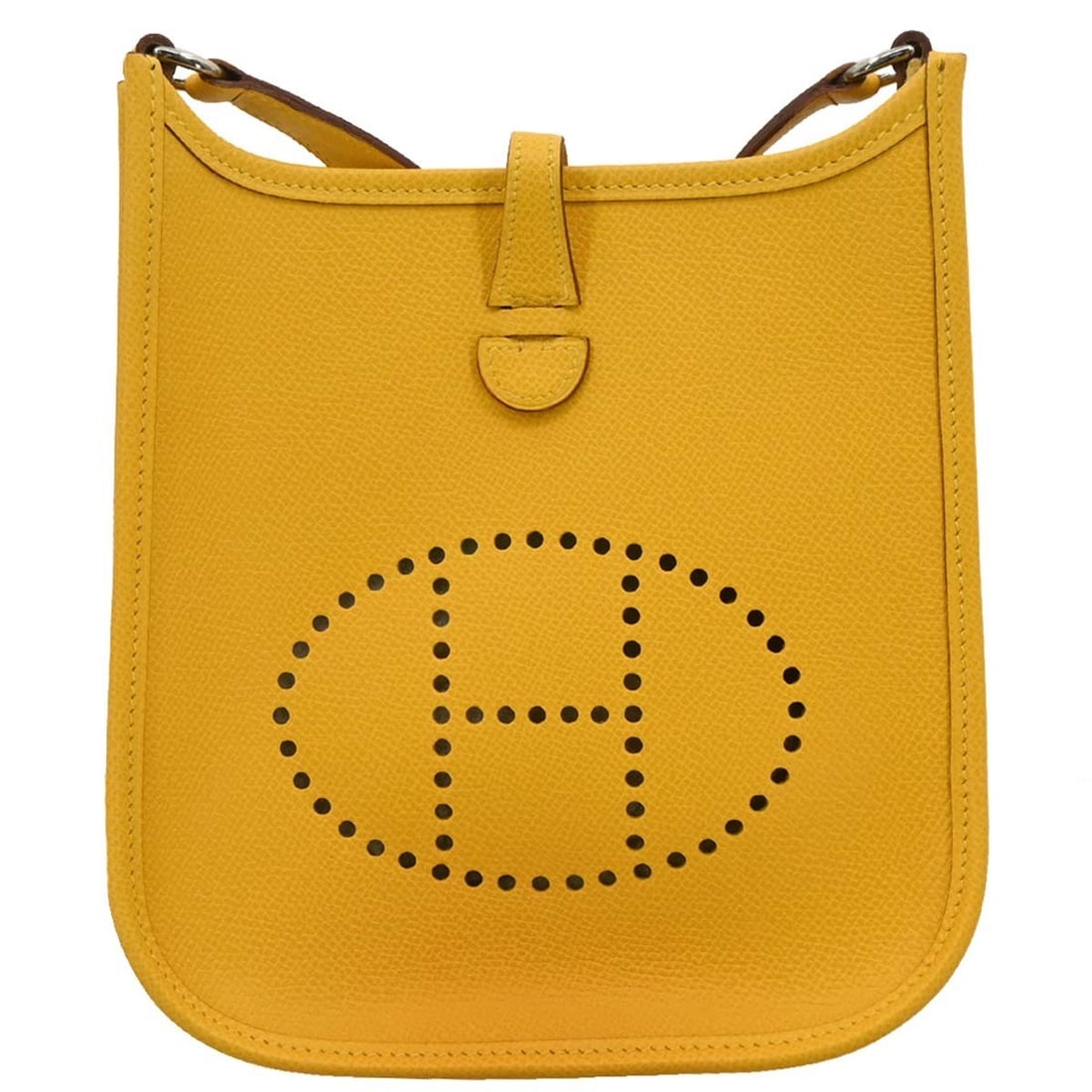 HERMES Evelyne TPM Yellow Epsom Shoulder Bag with Silver Hardware: HERMES Evelyne TPM Yellow Epsom Shoulder Bag with Silver Hardware Introducing the exquisite Hermes Jaune Epsom Evelyne TPM Shoulder Bag, a perfect blend of style and functionality. Measuring 7 inches 