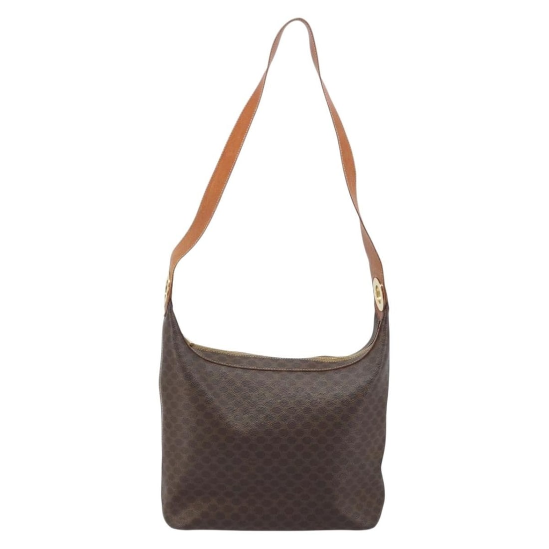 Celine Macadam Brown Canvas and Leather Vintage Shoulder Bag: Celine Macadam Brown Canvas and Leather Vintage Shoulder Bag This Celine vintage Macadam shoulder bag is crafted from brown canvas with leather accents. Designed for women, it was made in Italy and fe