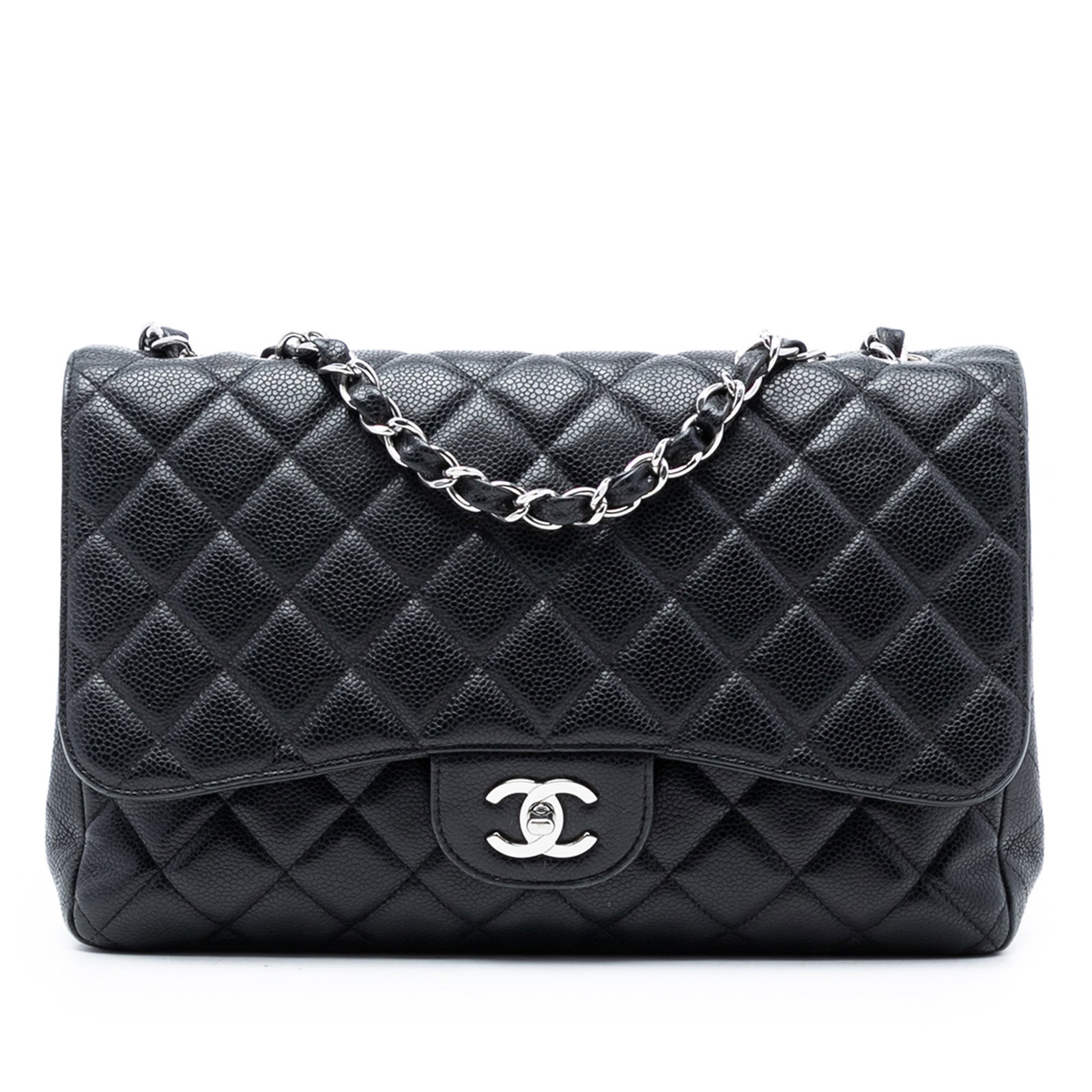 Chanel Black Caviar Leather Jumbo Quilted Single Flap Shoulder Bag: Chanel Black Caviar Leather Jumbo Quilted Single Flap Shoulder Bag This Chanel Jumbo Classic Single Flap bag showcases a quilted caviar leather exterior in black with leather-woven chain shoulder stra
