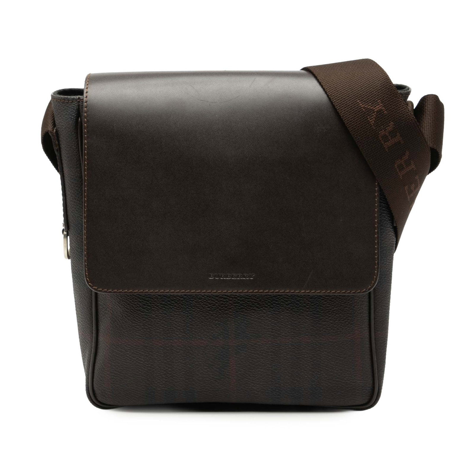 Burberry Smoke Check Leather Trimmed Coated Canvas Crossbody Bag: Burberry Smoke Check Leather Trimmed Coated Canvas Crossbody Bag This Burberry crossbody bag showcases a smoke check coated canvas body with leather trim and an adjustable flat canvas strap. It featur