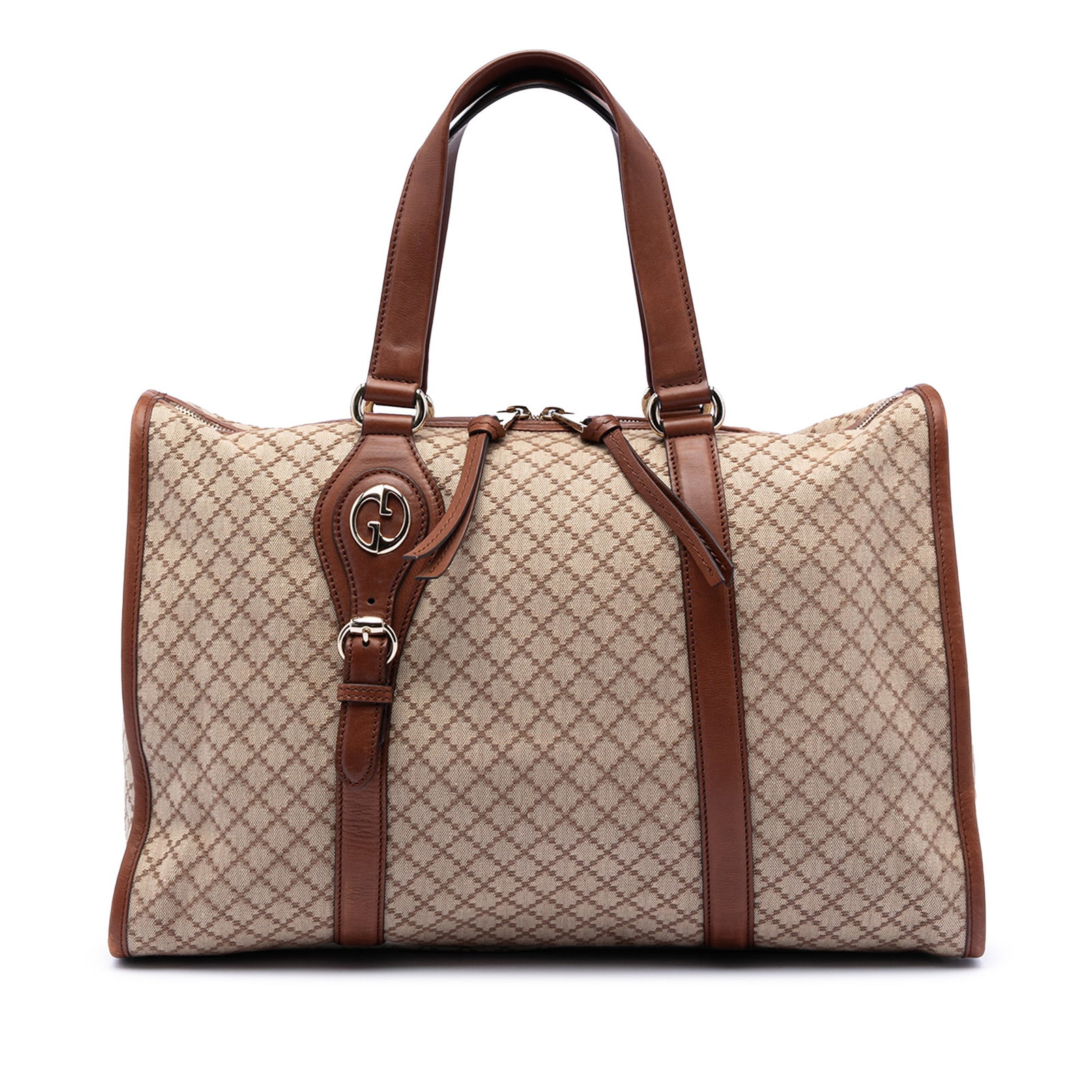 Gucci 1973 Diamante Beige Canvas Tote with Leather Trim: Gucci 1973 Diamante Beige Canvas Tote with Leather Trim This Gucci Diamante Canvas 1973 Tote features a canvas body with leather trim, flat leather handles, a two-way top zip closure, and interior zip