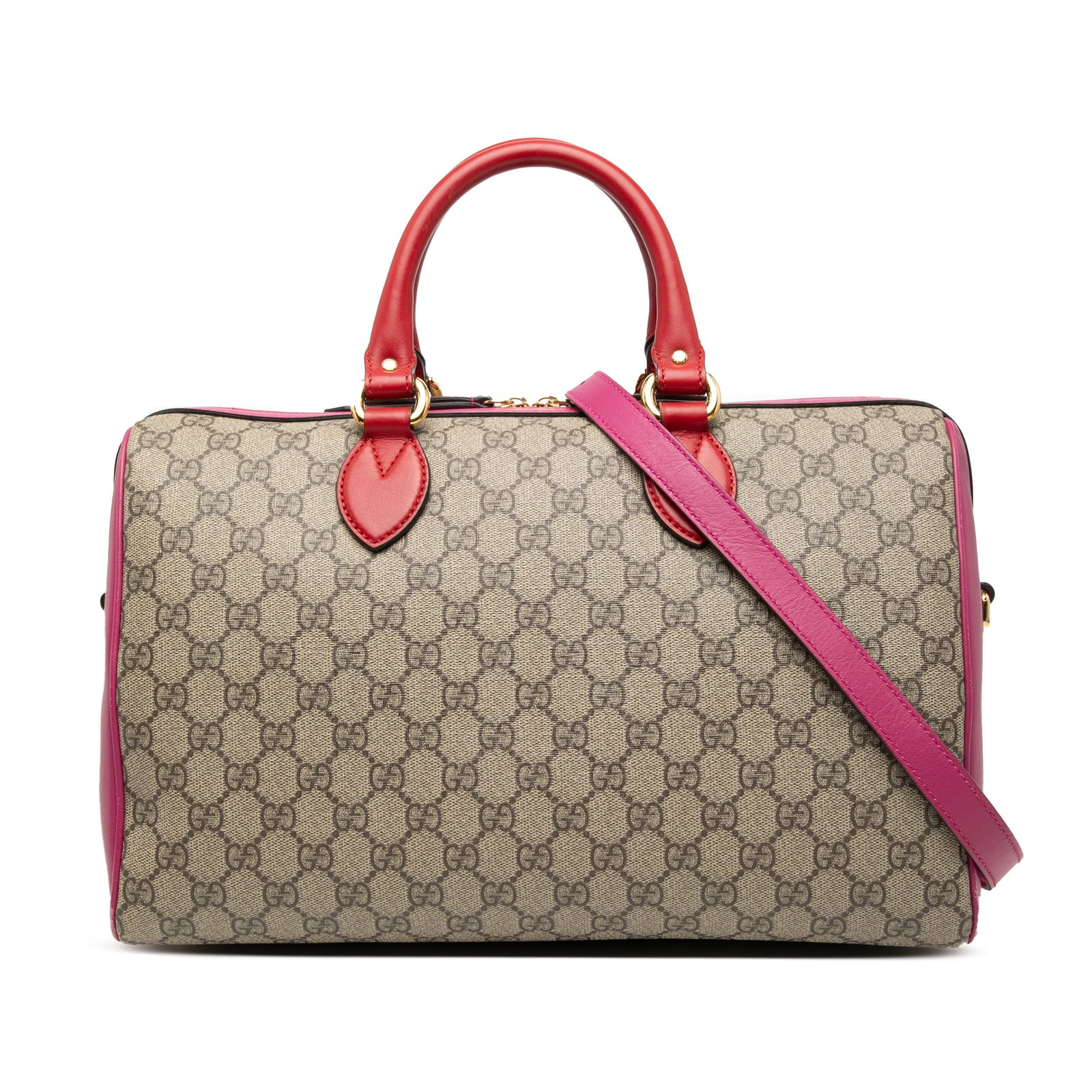 Brown GG Supreme Canvas Satchel by Gucci Medium Size with Leather Trim: Brown GG Supreme Canvas Satchel by Gucci Medium Size with Leather Trim This Gucci Medium GG Supreme Satchel features a coated canvas body with leather trim, rolled leather handles, a top zip closure, 