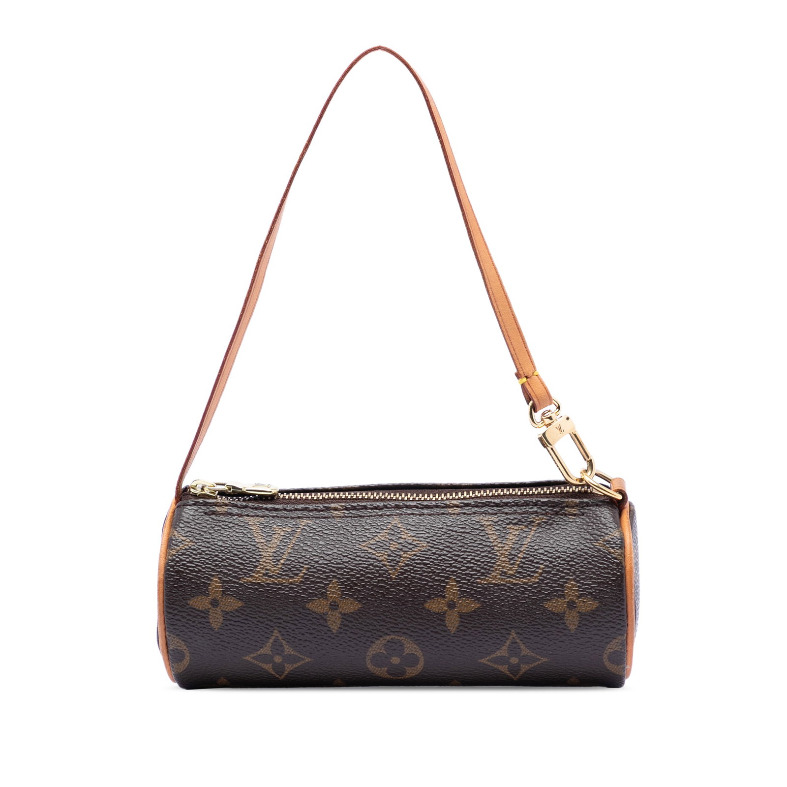 Papillon Pochette Bag in Monogram Canvas with Vachetta Strap by Louis Vuitton: Papillon Pochette Bag in Monogram Canvas with Vachetta Strap by Louis Vuitton The Louis Vuitton Monogram Papillon Pochette features the brand's signature monogram canvas with a flat vachetta leather s