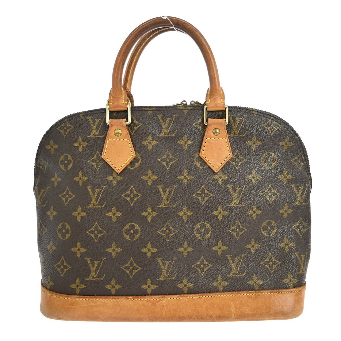 Louis Vuitton Alma Monogram Canvas Medium Brown Handbag M51130: Louis Vuitton Alma Monogram Canvas Medium Brown Handbag M51130 This Louis Vuitton Alma handbag features the classic monogram canvas design with beige double handles and a zip closure. The medium-sized