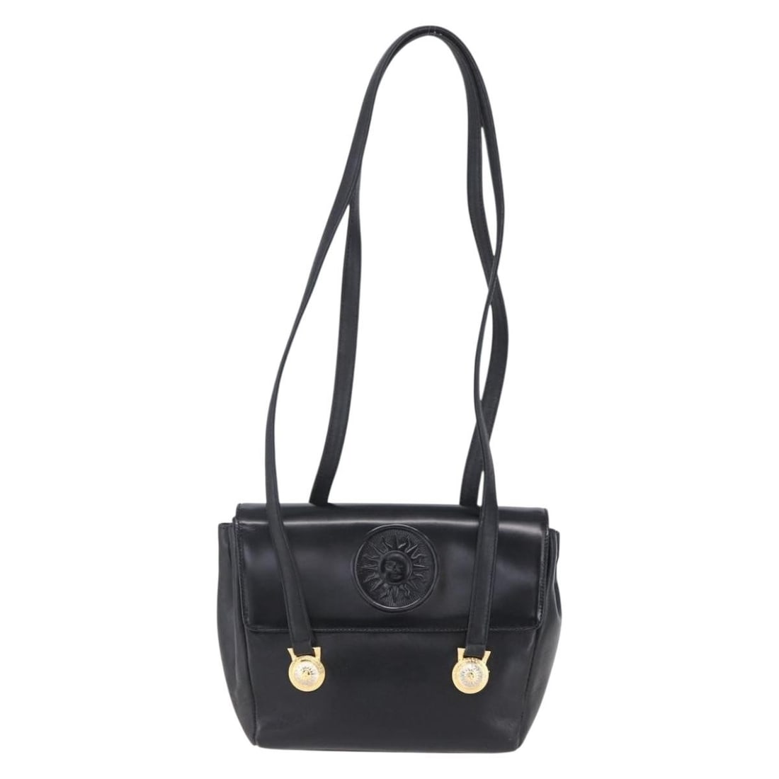 Leather Shoulder Bag by Versace Vintage Black 20cm x 18cm x 8cm: Leather Shoulder Bag by Versace Vintage Black 20cm x 18cm x 8cm This pre-owned Versace vintage shoulder bag for women features black leather construction with a compact silhouette. It shows signs of w
