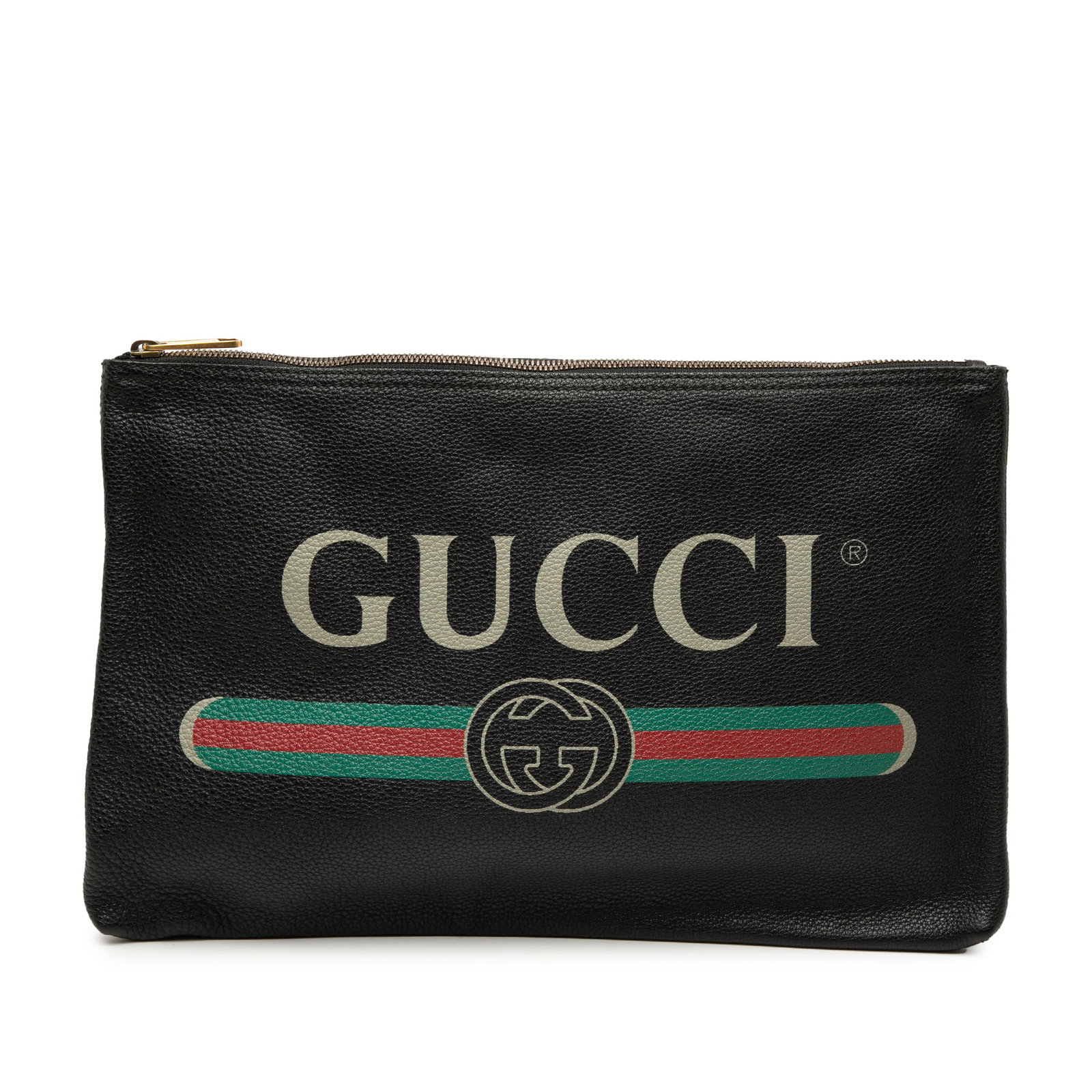 Black Leather Printed Clutch Bag by Gucci with Logo Design: Black Leather Printed Clutch Bag by Gucci with Logo Design This Gucci Leather Logo Clutch features a printed leather body in black with a top zip closure. The item shows signs of use, including worn e