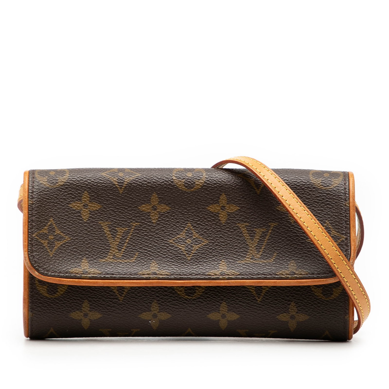 Louis Vuitton Pochette Twin PM Monogram Canvas Shoulder Bag: Louis Vuitton Pochette Twin PM Monogram Canvas Shoulder Bag The Louis Vuitton Monogram Pochette Twin PM features a brown monogram canvas body accented with vachetta leather trim and a flat vachetta le